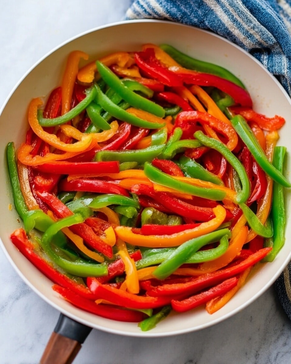 The image shows a white frying pan filled with sliced red and green bell peppers. The pepper slices are long and thin, mixed evenly in the pan, with a shiny, slightly cooked appearance. The pan sits on a white marbled surface, and part of a blue and white cloth is visible in the background. The colors of the peppers are bright and fresh, with smooth textures. photo taken with an iphone --ar 4:5 --v 7