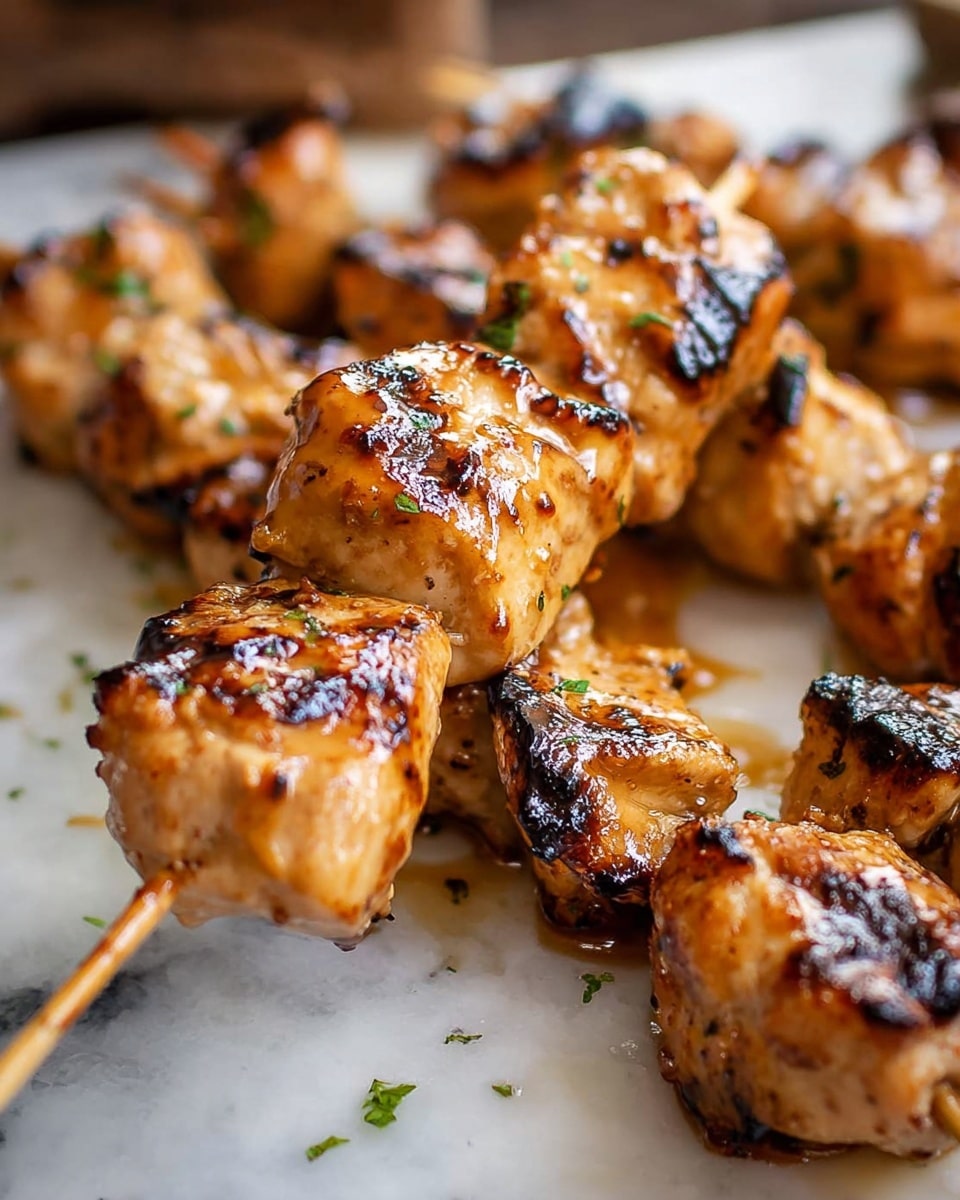 The image shows a skewer with five grilled pieces of chicken, each piece having a golden brown color with darker grill marks and slightly shiny from a glaze or sauce. The chicken pieces have a slightly rough texture with some charred spots. In the background, there are more skewers lying on a white marbled surface, also showing similar grilled chicken pieces with a glaze and a few green herb bits sprinkled on them. A woman's hand is holding one skewer close to the camera, making the skewers in the background softly blurred. Photo taken with an iphone --ar 4:5 --v 7