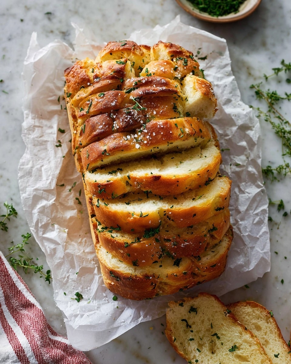 A loaf pan filled with several thick slices of baked pull-apart bread arranged vertically, each slice showing a golden brown top with hints of melted butter and chopped green herbs sprinkled across the surface. The bread layers are soft and doughy with a light crust, and some parsley pieces fall around the edges, adding a fresh green touch. The pan sits on crinkled white parchment paper on a white marbled surface, with a striped cloth and a spoon nearby. The image is bright and warm, focusing top-down on the bread. photo taken with an iphone --ar 4:5 --v 7