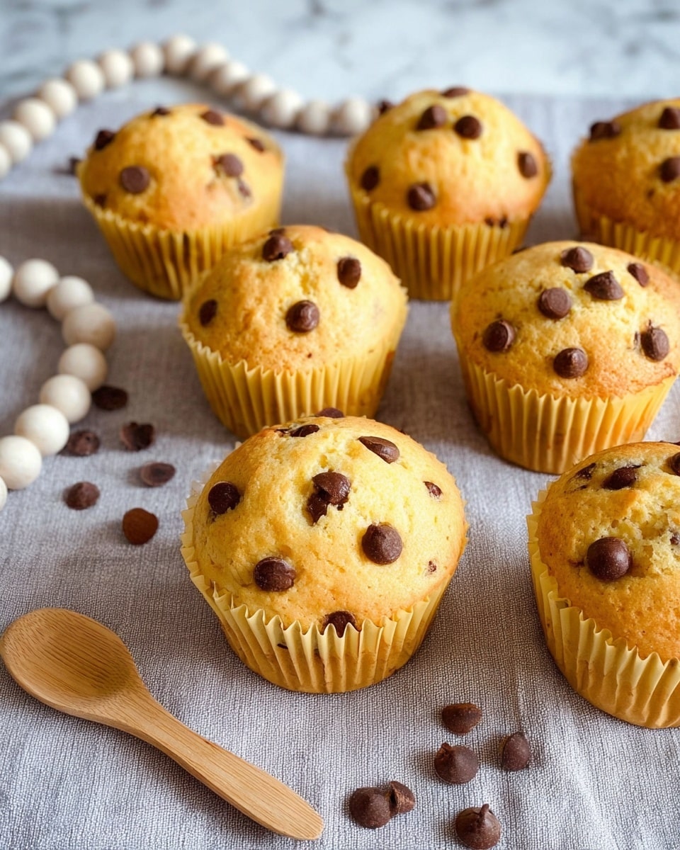 Seven golden yellow muffins with chocolate chips on top and scattered on the muffins, each in light yellow paper cups, all placed on a light gray textured cloth. A white wooden bead garland runs along the left side, and a light wooden spoon is at the bottom left corner. The background is a white marbled texture. photo taken with an iphone --ar 4:5 --v 7