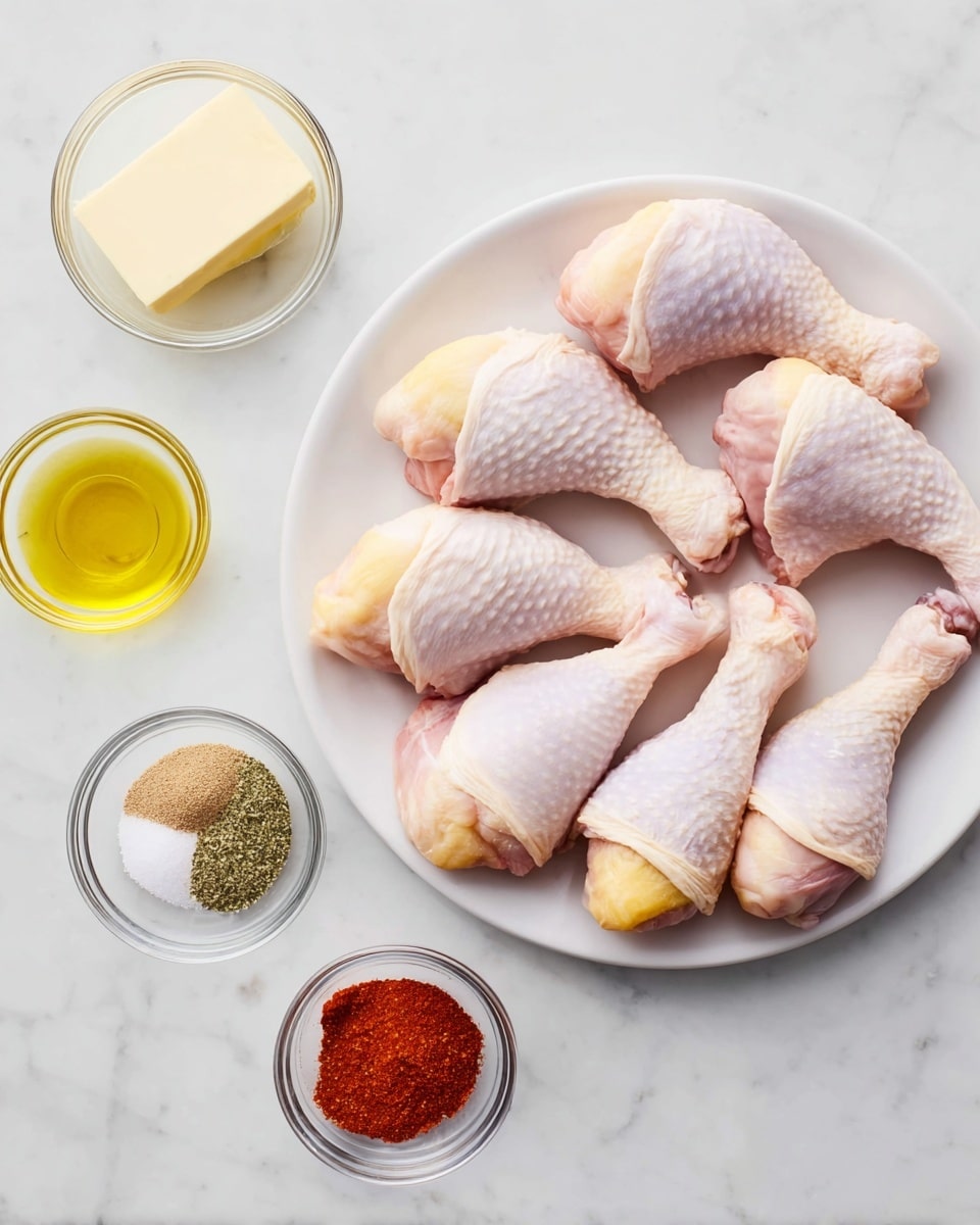 A white plate holds nine raw chicken drumsticks with pale pink skin and light yellow tips, arranged closely together on a white marbled surface. To the left of the plate, small clear glass bowls and a measuring cup display various ingredients: a small block of pale yellow butter in a bowl, golden olive oil in a clear measuring cup, light brown granulated powder, dried green herbs, white salt mixed with black pepper, and bright red paprika powder. The simple setup highlights each ingredient clearly and neatly, photo taken with an iphone --ar 4:5 --v 7