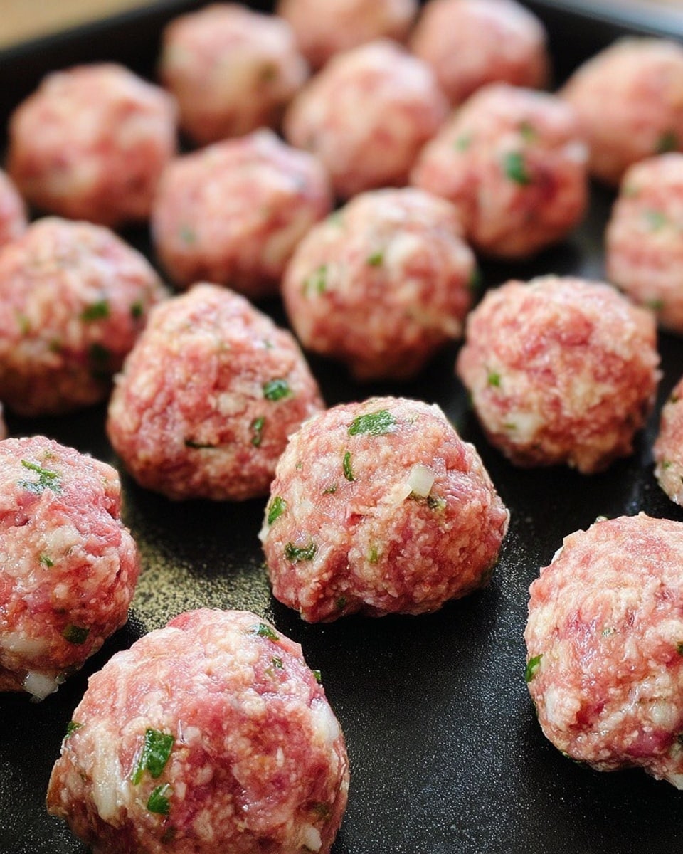 The image shows a black baking tray filled with small, round meatballs arranged in rows. Each meatball has a rough but firm texture, with visible bits of white onion and green herbs mixed into the pinkish ground meat. The meatballs have a natural, uneven color with shades of pink, white, and green. The background is a white marbled texture. photo taken with an iphone --ar 4:5 --v 7