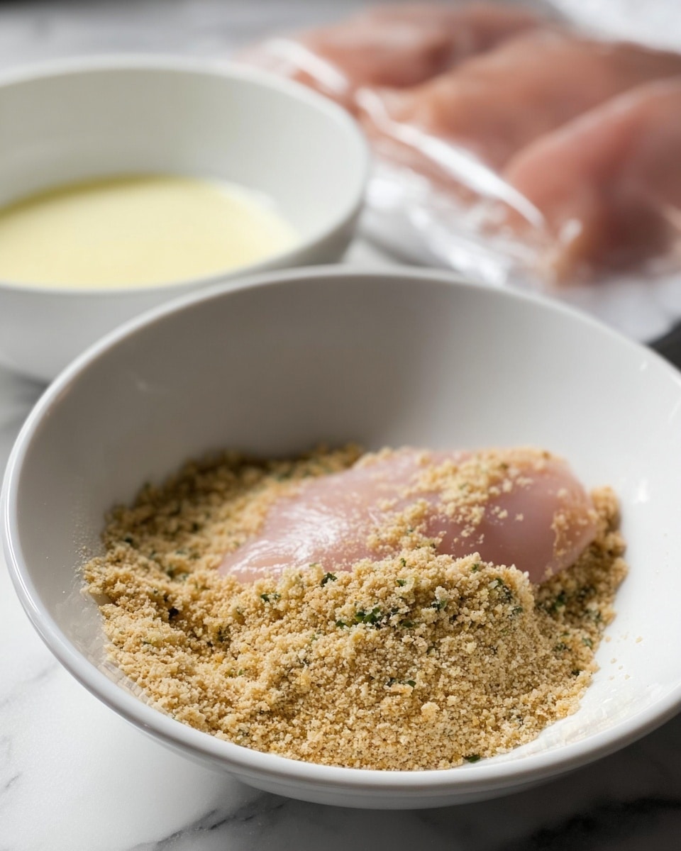 A white bowl on a white marbled surface holds a layer of light brown, coarse breadcrumb mixture with green herbs scattered throughout. On top of this layer lies a piece of raw pink chicken fillet, partially covered in the breadcrumb mix. Behind this bowl, another white bowl contains a pale yellow liquid, likely beaten eggs or a wet coating. In the background, a pack of raw chicken fillets is partially visible. The image shows the first step in preparing breaded chicken. Photo taken with an iphone --ar 4:5 --v 7