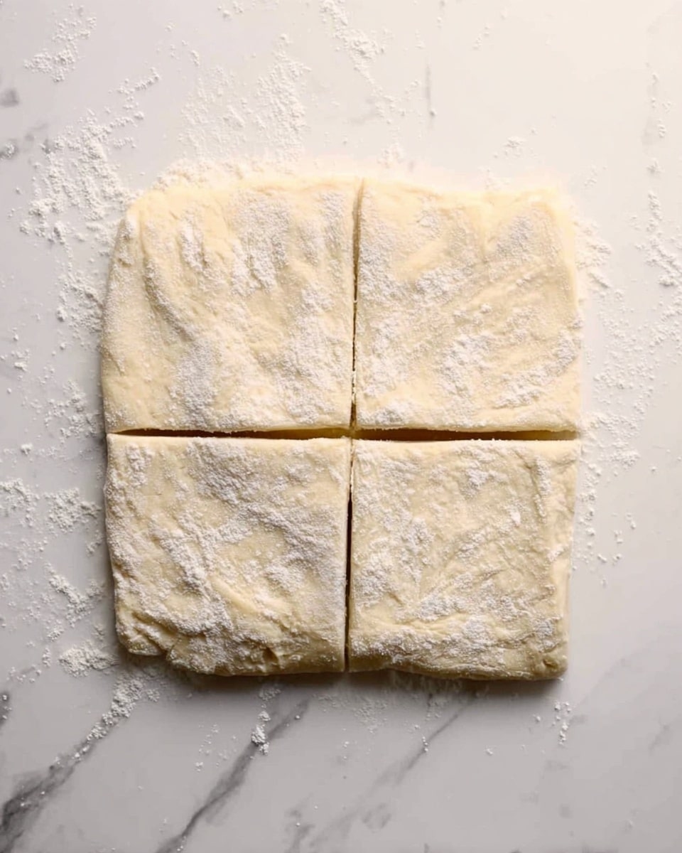 The image shows a flat layer of dough divided into four equal rectangular sections by two straight cuts, one horizontal and one vertical. The dough texture is smooth with some slightly flour-dusted spots, and it is placed on a white marbled surface. The dough's pale beige color slightly varies where the flour is dusted. photo taken with an iphone --ar 4:5 --v 7