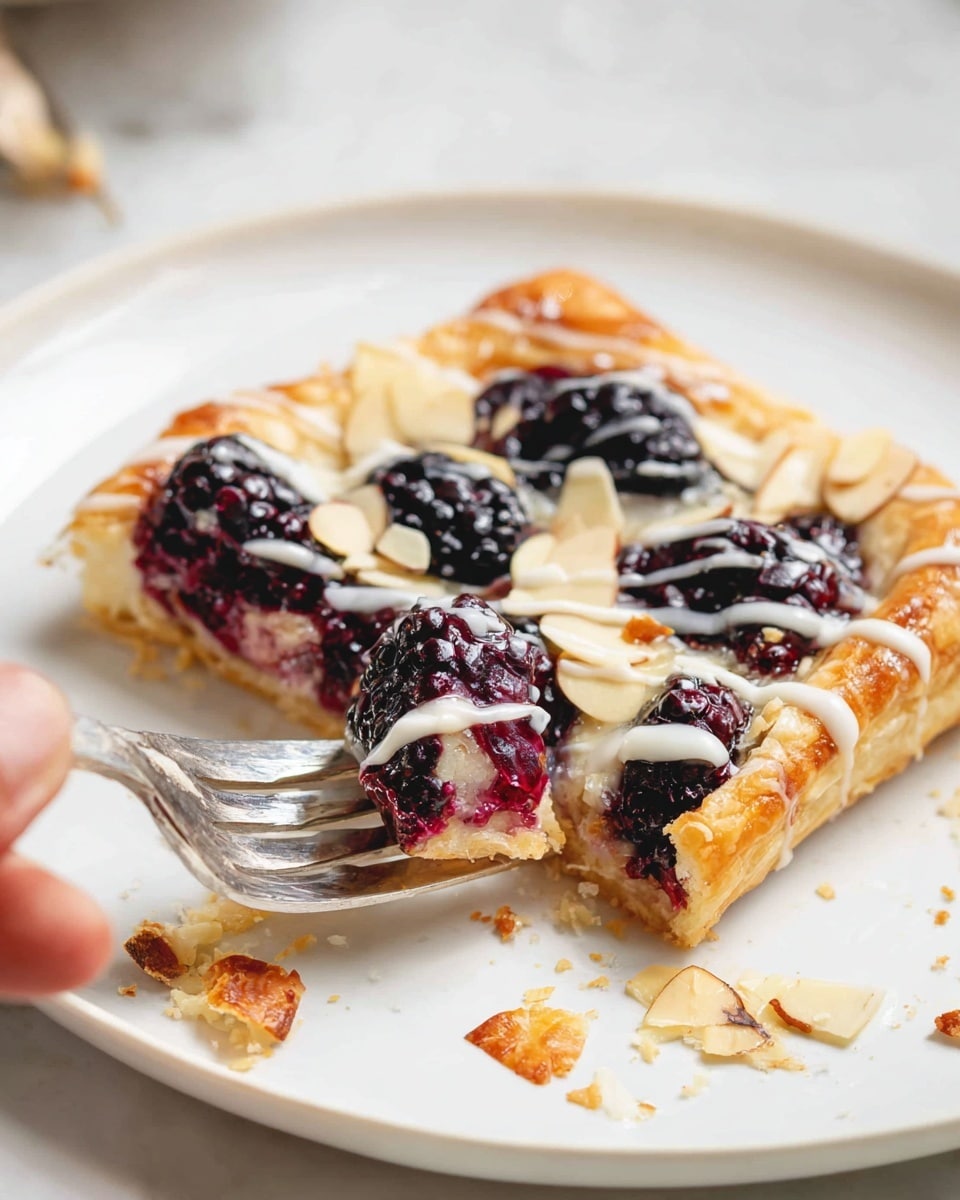 A white plate on a white marbled surface holds a small square tart with golden flaky layers, the crust puffy and crispy at the edges. The tart top has dark purple berries, likely blackberries or blueberries, nestled in a shiny, thick berry glaze. Thin slices of pale almond are scattered over the berries, and a light drizzle of white icing runs across the top in thin lines. A woman's hand is holding a silver fork, lifting a piece of the tart showing the soft inside with berries and flaky crust layers visible. Crumbs and flaky bits are scattered around the plate. Photo taken with an iphone --ar 4:5 --v 7