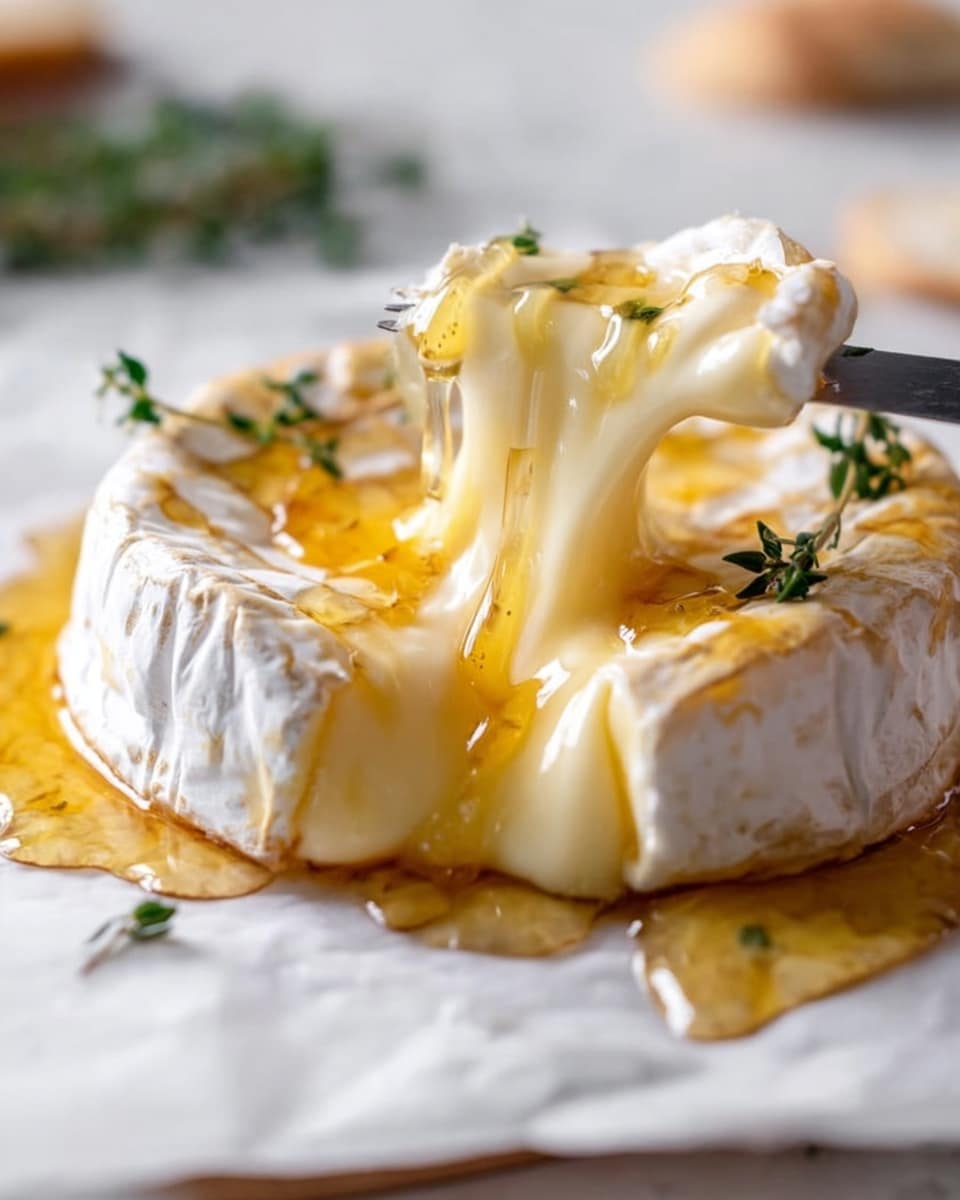 A round soft cheese with a white rind sits on white paper on a white marbled surface, partially sliced with a wedge cut out. The inside is creamy and light yellow, oozing out onto the white paper and smooth surface below. A small green herb sprig lies on top of the cheese, and some blurred green foliage and yellow flowers appear in the background. The photo is close-up with soft, natural light, focusing on the melting cheese texture. Photo taken with an iphone --ar 4:5 --v 7