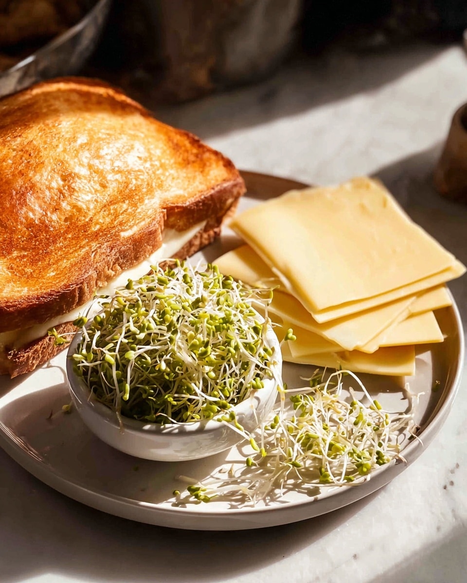 A white plate on a white marbled surface holds a few food items. On the plate, there is a small white bowl filled with green and white sprouts, with some sprouts spilling out onto the plate. Next to the bowl, there are four slices of pale yellow cheese, stacked neatly. Behind these items, there is a large piece of golden brown toasted bread with a crispy texture. The scene is brightly lit by sunlight, creating warm shadows and highlights. Photo taken with an iphone --ar 4:5 --v 7