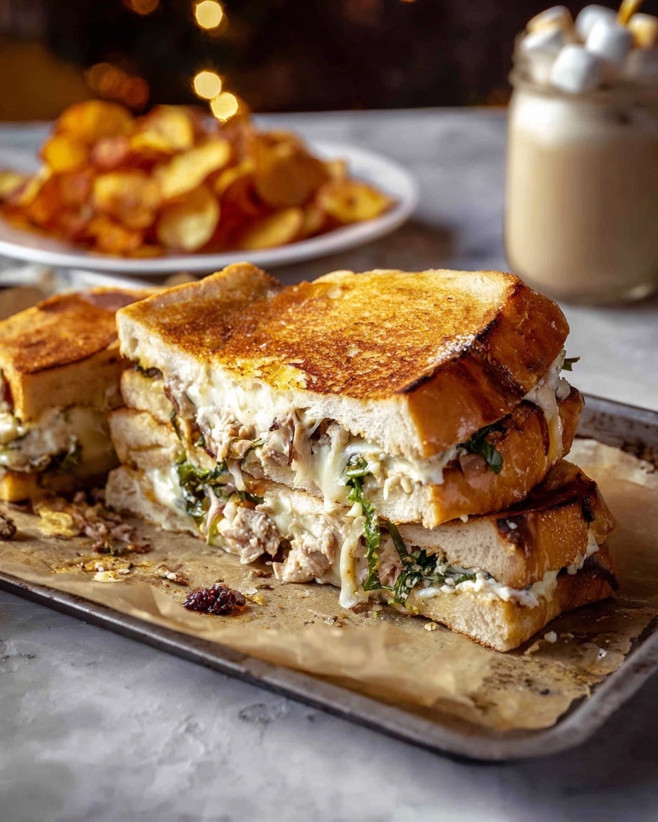 A golden-brown toasted sandwich cut into four large pieces sits on a baking tray lined with paper. The sandwich shows multiple layers including a thick creamy sauce, melted white cheese oozing out, green leafy herbs, and pieces of cooked meat inside soft, slightly crusty bread. In the background, there is a white plate filled with mixed, thinly sliced chips in light brown and orange colors, and a glass jar with a creamy drink topped with marshmallows. The whole scene is set on a white marbled textured surface giving a warm, cozy feel. photo taken with an iphone --ar 4:5 --v 7