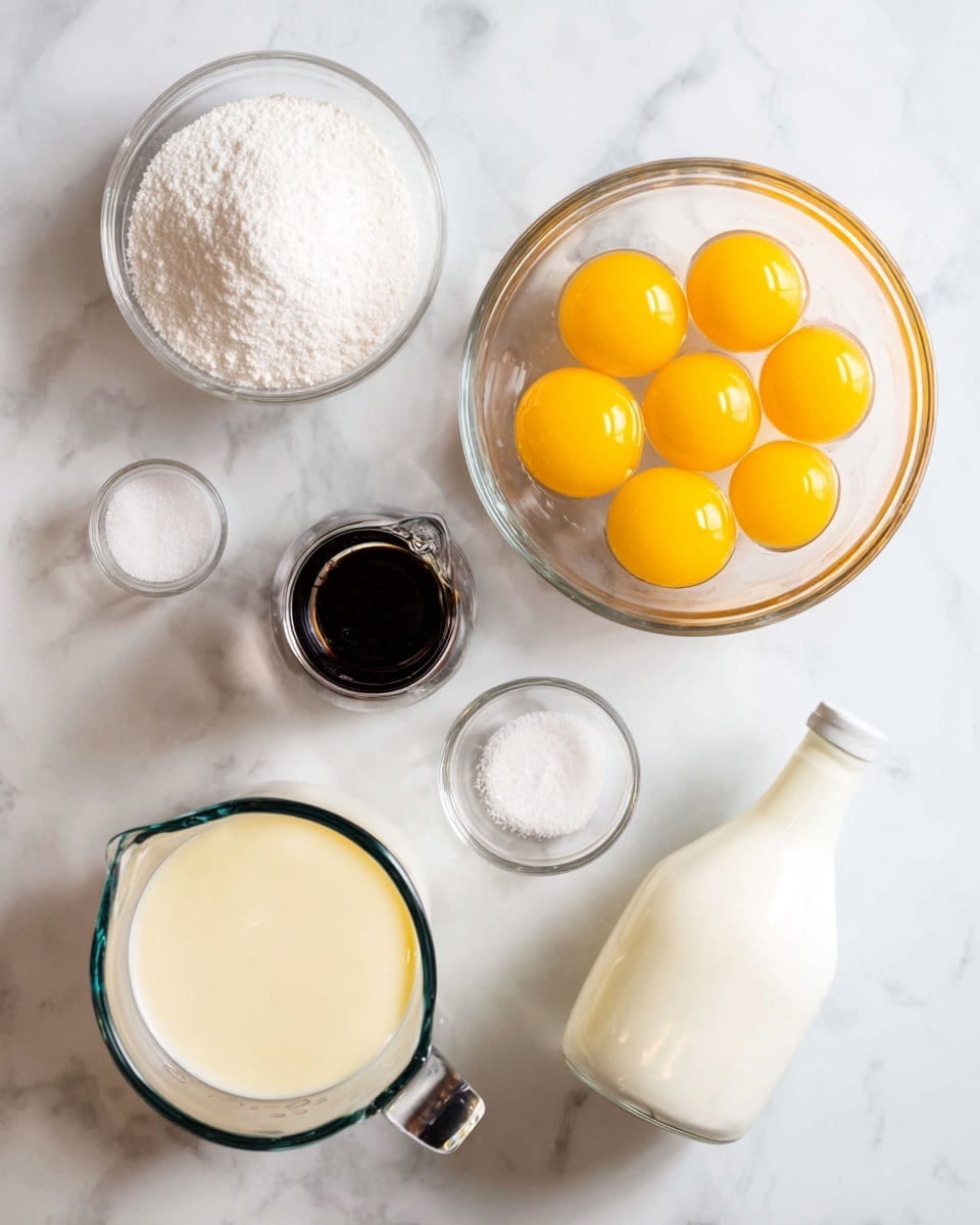 The image shows six different containers with baking ingredients arranged on a white marbled surface. On the right side, there is a clear glass measuring cup filled with seven egg yolks, bright yellow in color and sitting on a slightly lighter liquid background. Above it, slightly to the left, there is a small round bowl filled with white granulated sugar with a powdery texture. Below and to the left of the sugar bowl is a small round bowl with fine white salt. In the center of the image, between these bowls, there is a small dark bottle of vanilla extract with a shiny surface. To the left of the vanilla bottle is a large glass measuring cup filled with smooth, light cream. Below this large cup is a white bottle lying on its side containing a white or cream liquid. All items are neatly spaced on the white marbled surface, and the lighting is soft and bright, enhancing the colors and textures of the ingredients. Photo taken with an iphone --ar 4:5 --v 7