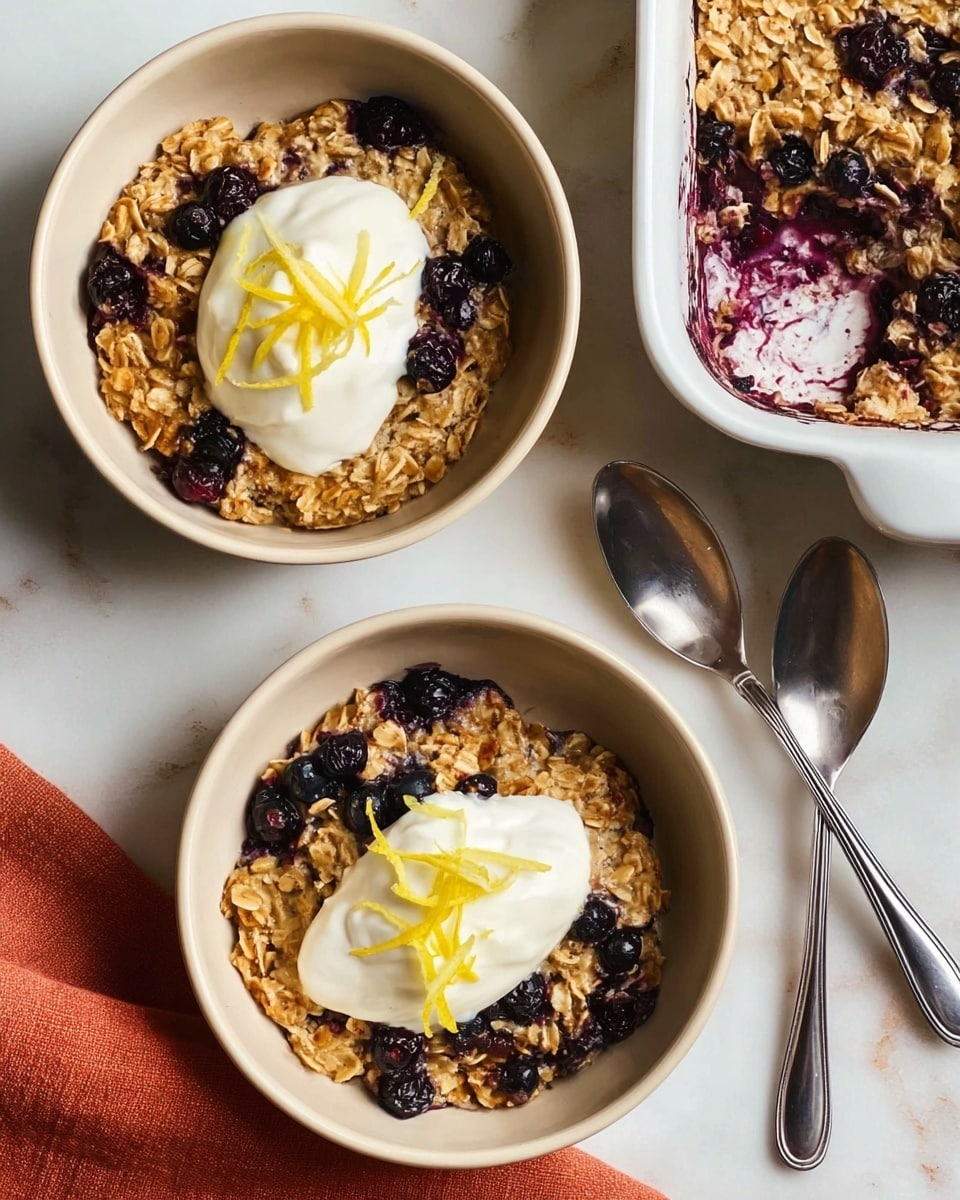 Two white bowls each hold one thick, round oatmeal blueberry bake with a golden-brown crispy top and visible dark purple blueberries spread throughout. On top of each oatmeal layer, there is a dollop of creamy white yogurt, and thin pale yellow strips of lemon zest are sprinkled over the yogurt. To the top right, there is a white baking dish with more of the blueberry oatmeal bake inside, showing the same golden-brown texture and dark blueberries on top. Two silver spoons lie nearby on the white marbled surface, and a reddish-orange cloth is placed near the bottom right corner. Photo taken with an iphone --ar 4:5 --v 7