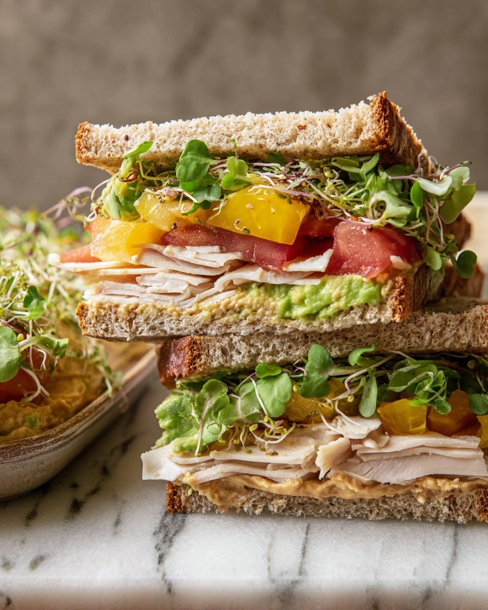The image shows a sandwich cut in half on a white marbled surface, with each half displaying clear layers. The bottom layer is thick whole grain bread with a rough texture. On top of the bread, there is a spread of light tan hummus with mustard seeds visible. Above that, there are slices of fresh red and yellow tomatoes that appear juicy and ripe. Next is a fresh green layer of leafy microgreens. Above the greens, thin slices of white turkey meat are folded, topped with a layer of bright green mashed avocado. The sandwich halves are positioned side by side, showing the detailed texture and different colors from the bread to the fresh veggies and meat. Photo taken with an iphone --ar 4:5 --v 7