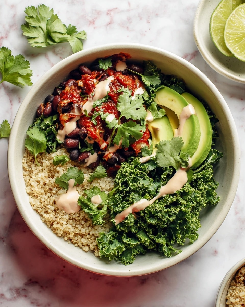 A white bowl filled with a three-part layered dish is placed on a white marbled surface. The first layer is a light beige grain, looking soft and fluffy, positioned at the bottom left of the bowl. Next to it on the top left, there is a mix of dark red and black beans combined with red sauce, giving a chunky texture with some scattered cilantro leaves on top. On the right side of the bowl, there is a bunch of bright green curly kale, dressed with a drizzle of light creamy sauce, which is also spread over the slices of fresh green avocado placed in the middle of the kale. Fresh cilantro leaves are used as garnish over the whole bowl. Photo taken with an iphone --ar 4:5 --v 7
