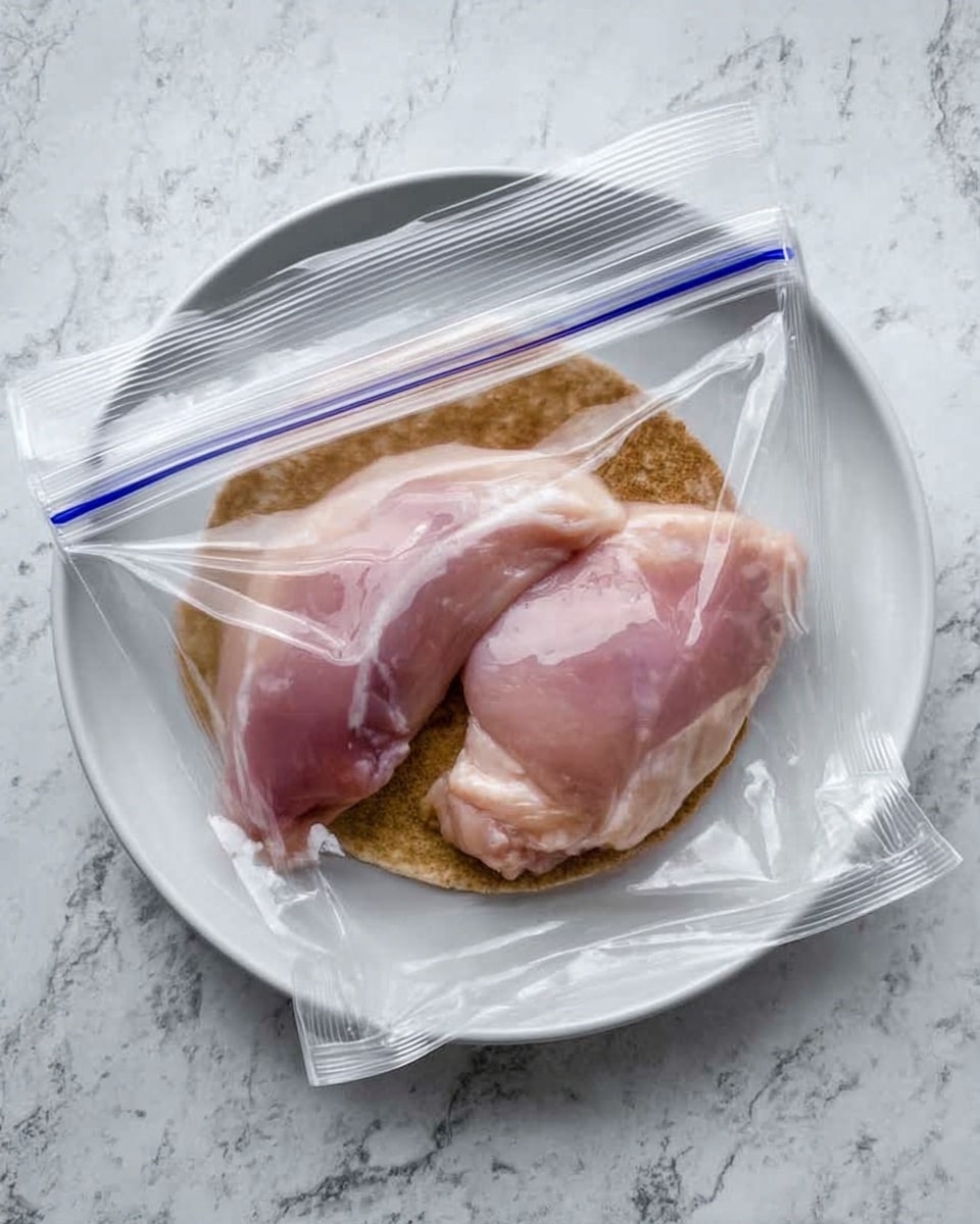 The image shows two raw pink chicken pieces placed inside a transparent plastic zipper bag, which is open at the top. The bag sits on a white plate with a toasted round flatbread underneath the chicken. The plate is on a white marbled surface with light grey veins. The scene gives a clean and simple look. photo taken with an iphone --ar 4:5 --v 7