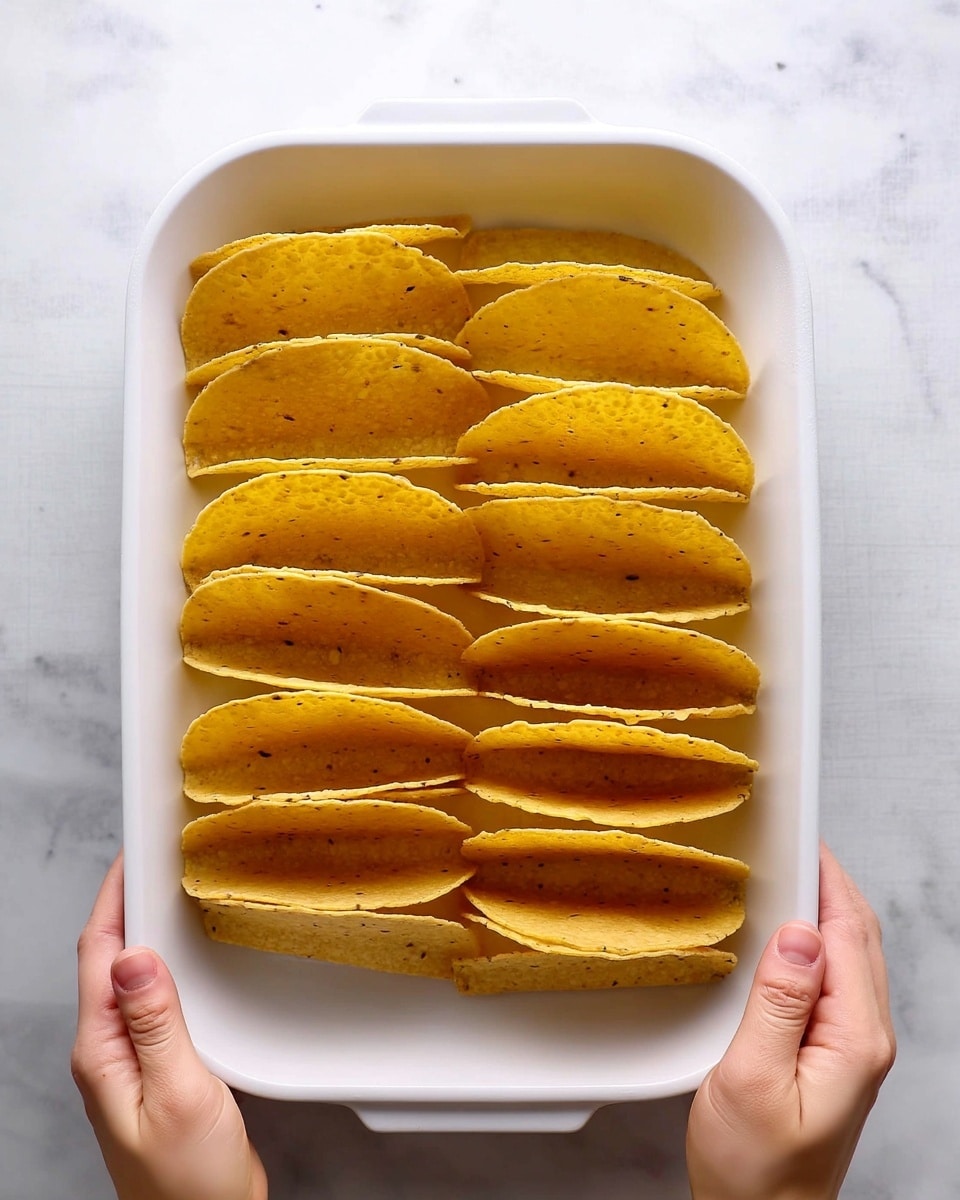 The image shows a white rectangular dish with twelve empty taco shells inside. The taco shells are arranged in two rows of six, standing upright so the open sides face up. The shells are light golden yellow with small dark spots, showing their crisp texture. A woman's hand is holding each side of the dish on a white marbled surface. The photo taken with an iphone --ar 4:5 --v 7