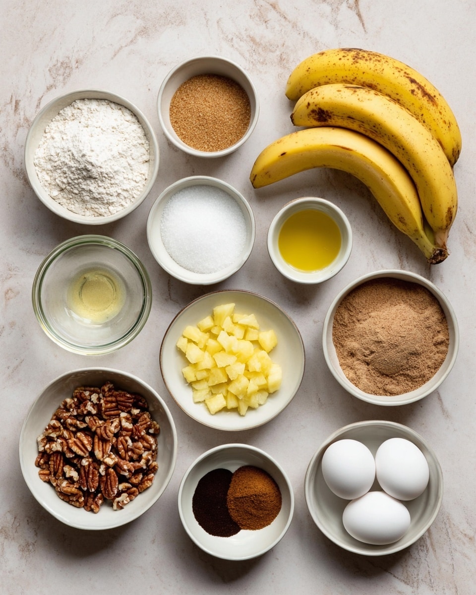 The image shows twelve small white bowls and a bunch of four yellow bananas with brown spots on a white marbled surface. Each bowl contains a different ingredient: white flour with a powdery texture, light brown sugar with a crumbly look, white granulated sugar smooth on top, finely chopped yellow pineapple, small chopped pecans with rough brown texture, golden liquid oil, white baking soda powder, fine salt grains, light brown cinnamon powder, darker brown ground nutmeg, black vanilla extract in a small glass bowl, and three whole white eggs. The bowls are arranged neatly with the bananas at the top right corner. photo taken with an iphone --ar 4:5 --v 7