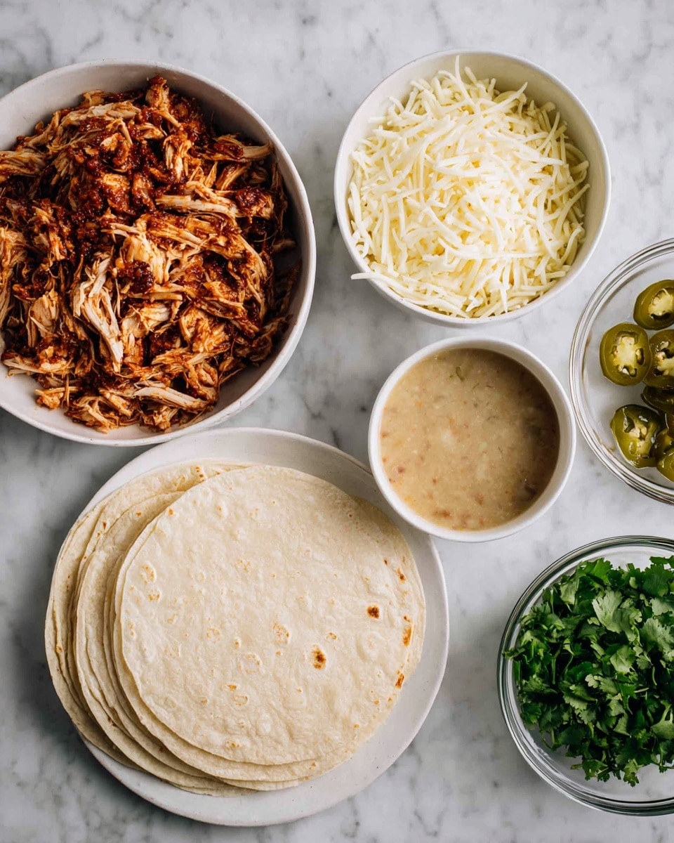 The image shows five white dishes and a clear glass bowl on a white marbled surface. The largest round plate holds thin, pale beige tortillas arranged in a fan shape. To the left, a bowl is full of shredded reddish-brown cooked chicken layered thickly with a slightly dry texture. At the top center, a bowl is heaped with shredded white cheese. To the upper right, a smaller bowl contains sliced green jalapeños with visible seeds. Next to that, the clear glass bowl holds a light brown sauce with small herbs and a smooth, slightly thick texture. Above the chicken bowl is another bowl with fresh green cilantro. Photo taken with an iphone --ar 4:5 --v 7