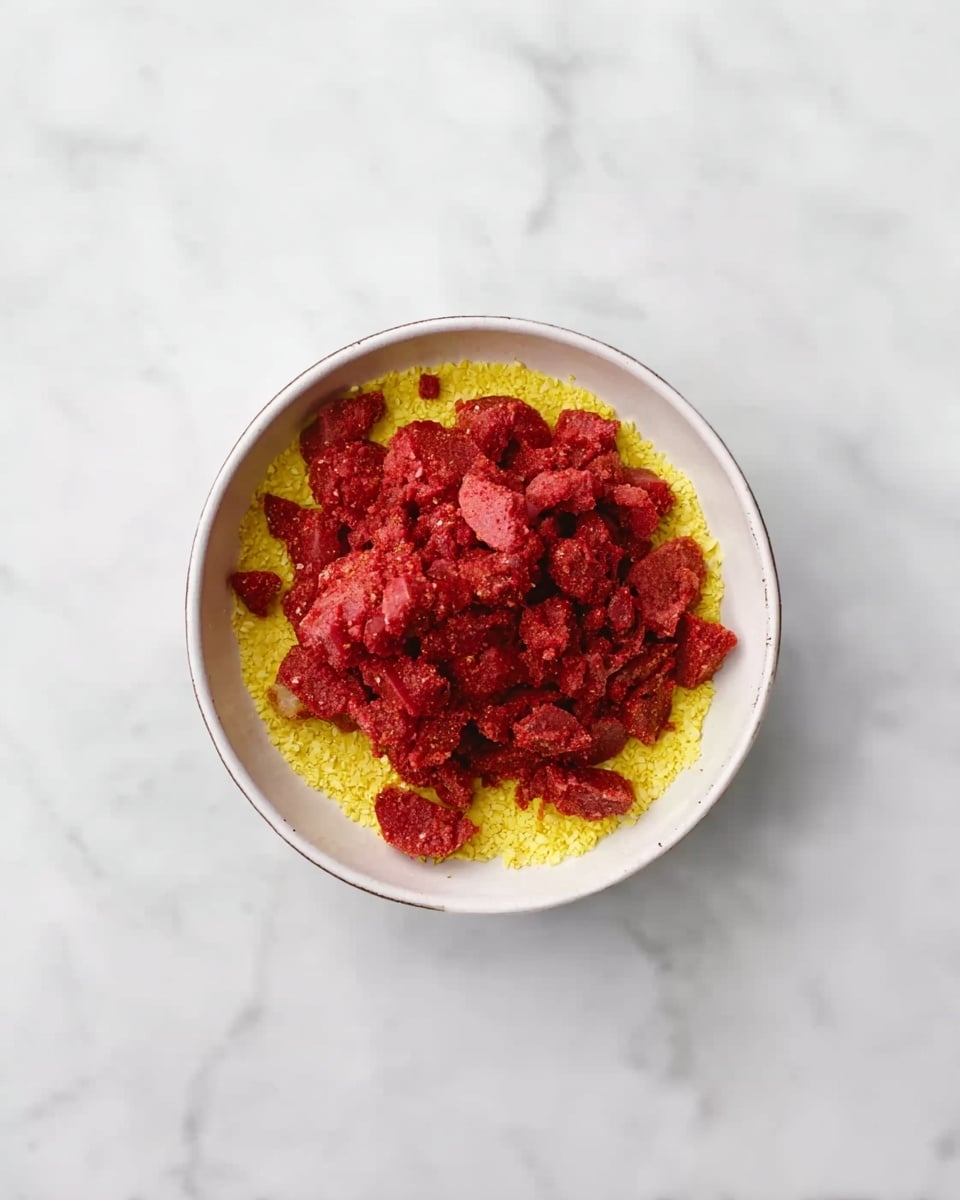 A white bowl sits on a white marbled surface, filled with two visible layers. The bottom layer is yellow and grainy, covering the base of the bowl lightly. On top, there is a pile of small, bright red chunks that look soft and moist, covering the yellow layer almost fully. The bowl's edges are thin and smooth, framing the food inside. Photo taken with an iphone --ar 4:5 --v 7