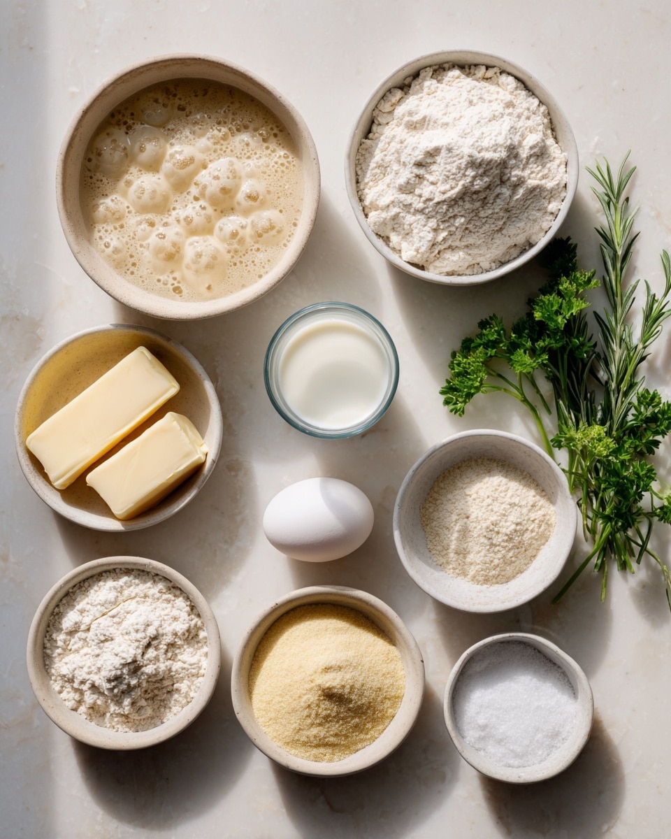 The image shows eleven round white bowls and items arranged neatly on a white marbled surface. Starting from the top left, there is a bowl filled with bubbly light beige dough, next to a bowl full of white flour. To the right of the flour is a small glass cup holding white milk. Below the dough bowl, there is a bowl containing white sugar, and beside it is a single white egg resting directly on the surface. Two sticks of yellow butter sit next to the milk. Below the sugar bowl is a smaller bowl with a pale beige powder, and next to that is a small bowl with white salt. At the bottom right, there are three small bowls: one with light yellow powder, one with coarse white salt or sugar, and finally, some green fresh herbs including parsley and rosemary on the right side of the image. The lighting is natural with soft shadows. Photo taken with an iphone --ar 4:5 --v 7