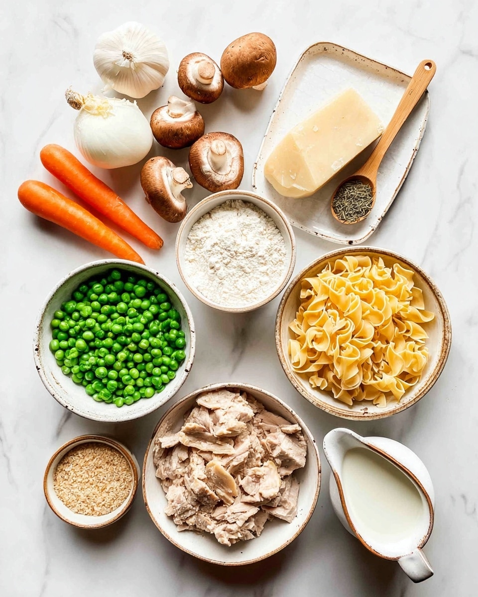 The image shows various cooking ingredients arranged neatly on a white marbled surface. In the center bottom, there is a white bowl with green peas. To the right, a white bowl holds yellow uncooked egg noodles. Above that, there is a small wooden spoon with dried herbs on a white tray alongside a large block of cheese. To the upper left, four whole mushrooms are placed next to two peeled garlic cloves and half a white onion. Below the mushrooms, two whole orange carrots are next to a small bowl filled with white flour. In the center, a white bowl with brown edges contains pieces of light brown cooked meat. On the lower left, a small bowl holds a grainy ingredient, while a small white spouted cup holds milk. All items are neatly spaced on the white marbled background. photo taken with an iphone --ar 4:5 --v 7