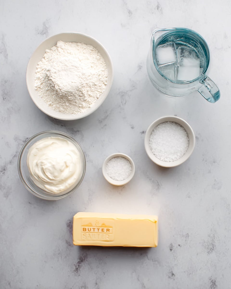 The image shows six baking ingredients placed in a neat arrangement on a white marbled surface. In the center, there is a rectangular stick of butter with a pale yellow color. Above the butter is a white bowl full of flour with a soft, powdery texture. To the left of the flour is a small glass bowl filled with thick, white sour cream. Below the sour cream is a small white bowl holding white baking powder. To the right of the butter is another small white bowl filled with coarse white salt. On the far right side is a clear glass pitcher containing water with ice cubes floating inside. The setup is clean and simple, with no extra items around. photo taken with an iphone --ar 4:5 --v 7