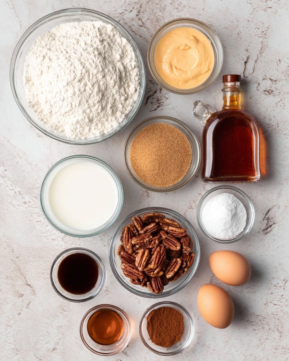 The image shows a white marbled surface with eleven separate ingredients neatly arranged. At the top left is a clear glass bowl full of white flour, and beside it to the right is a clear glass bowl containing a light orange creamy mixture. Below the flour, there is a bowl of light brown sugar, and next to that is a bottle of amber maple syrup with a rounded handle on the side. To the right of the syrup bottle is a small clear bowl filled with white powdered sugar. Below the brown sugar is a clear glass bowl with white milk, and next to that is a small bowl of shelled pecans with a rich brown color. Below the milk, a small clear bowl holds a dark liquid, likely vanilla extract, and next to that is another small bowl with brown cinnamon powder. At the bottom right corner, two brown eggs rest directly on the white marbled surface. A very small container of white baking soda or salt is placed between the milk and the eggs. photo taken with an iphone --ar 4:5 --v 7
