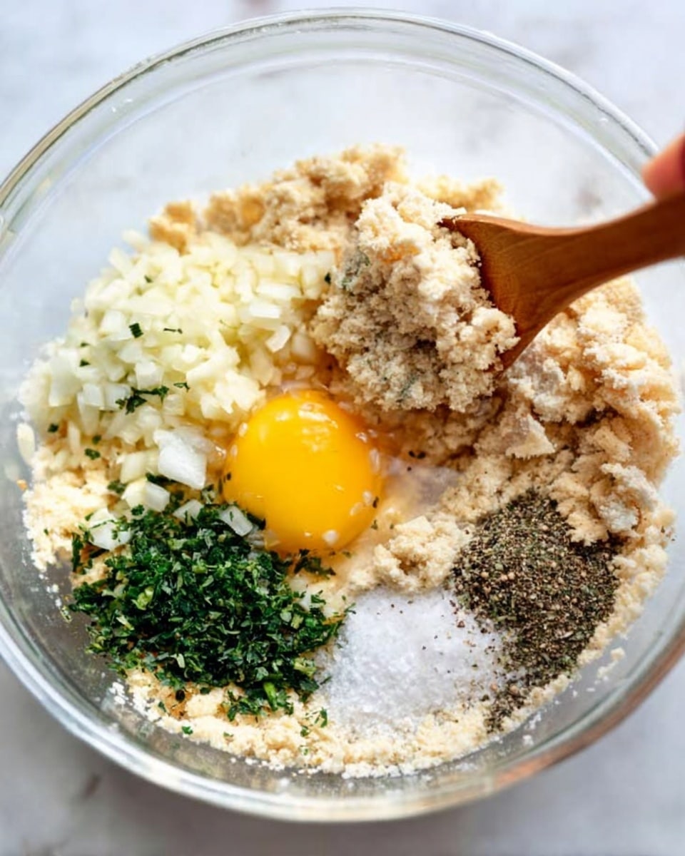 A clear glass bowl sits on a white marbled surface filled with different ingredients layered separately but grouped close together. On one side, there is a clump of crumbly pale beige bread crumbs, topped lightly with small white chunks of onion. Next to it, there is a pile of finely chopped green herbs. Beside the herbs, there is a bright yellow raw egg yolk surrounded by the clear egg white. To the right of the egg, you see coarse salt and a pile of cracked black pepper placed side by side. A woman's hand is holding a wooden spoon with some crumbs resting on it, partially inserted into the mixture. Photo taken with an iphone --ar 4:5 --v 7