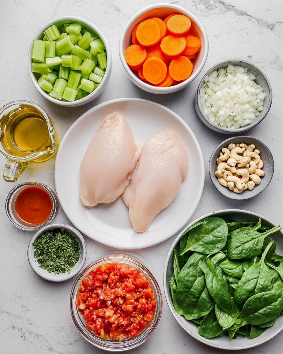 The image shows two pieces of pale pink raw chicken on a white plate in the center. Above them, there is a white bowl half filled with bright green celery slices on the left and vibrant orange carrot rounds on the right. To the right, a gray bowl is full of white chopped onions. Below it, a small gray bowl contains finely chopped green herbs. Below the chicken plate and a bit to the left is a very small gray bowl filled with minced garlic. To the left of the chicken, there is a small white bowl with bright red tomato paste, and below it is an open can of bright red diced tomatoes. Below the can is a clear plastic container holding fresh dark green spinach leaves, with a few leaves spilling out. On the top left next to the celery and carrots is a white jug with pale yellow oil, next to a gray bowl of light brown cashew nuts. To the left of the cashews is a round plate holding a small pile of mixed dried spices including green, red, brown, and white colors. Lastly, in the top left corner is a large glass jar filled with golden broth. All items are arranged neatly on a surface with white marbled texture. Photo taken with an iphone --ar 4:5 --v 7