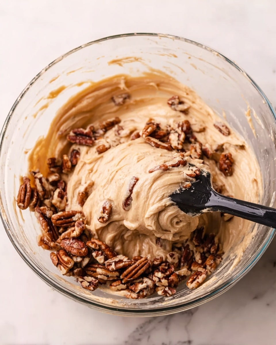 A clear glass bowl sits on a white marbled surface filled with a creamy light tan mixture with a smooth texture, partially folded with medium brown pecan pieces scattered on one side and mixed throughout. A black spatula is dipping into the creamy mixture, lifting some with pecan pieces, showing soft folds and swirls in the mixture's texture. The bowl's inside shows slight smudges from stirring, and the overall look is thick but smooth. Photo taken with an iphone --ar 4:5 --v 7