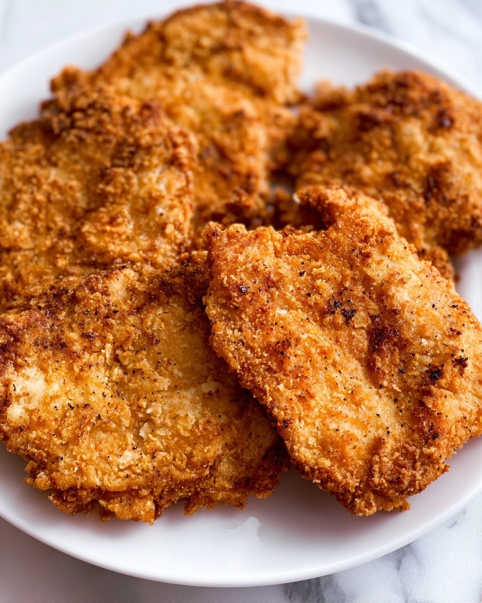 The image shows a white plate filled with four pieces of crispy fried food with a golden brown color. Each piece has a rough, crunchy texture with different shades of golden and light brown, with some darker toasted spots. The pieces overlap slightly on the plate, and the close-up view highlights the crunchy surface. The plate is placed on a white marbled surface. Photo taken with an iphone --ar 4:5 --v 7