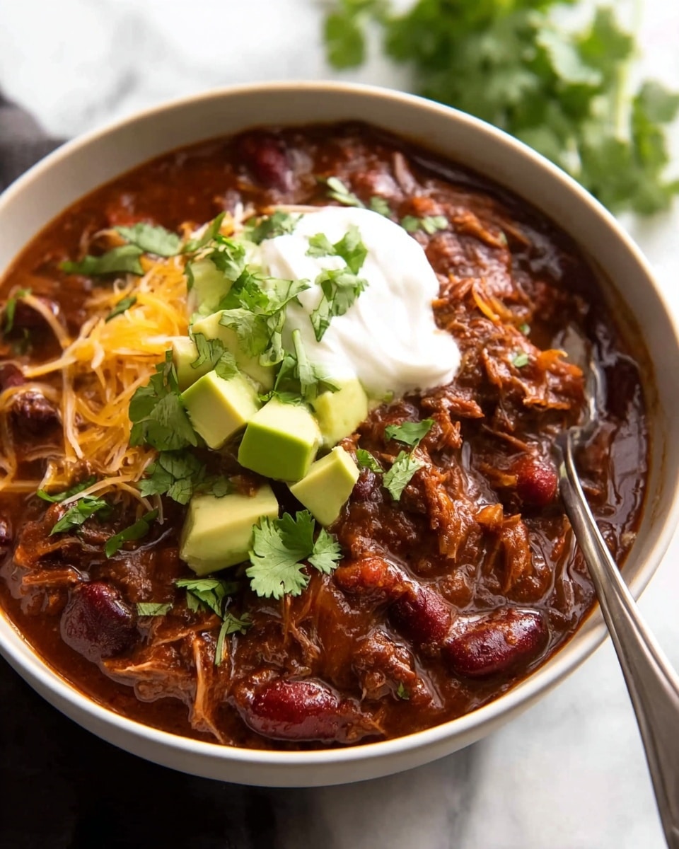 A white bowl filled with thick chili that has dark brown shredded meat mixed with red beans and small bits of tomato, creating a rich, chunky texture. On top of the chili is a layer of shredded orange cheese partially melted into the hot chili. Above the cheese sits a dollop of smooth, white sour cream, topped with small cubes of bright green avocado and sprinkled with fresh green cilantro leaves. A silver spoon is partially inside the bowl at the right side. The bowl is placed on a white marbled surface with a few blurred green cilantro leaves in the background. Photo taken with an iphone --ar 4:5 --v 7
