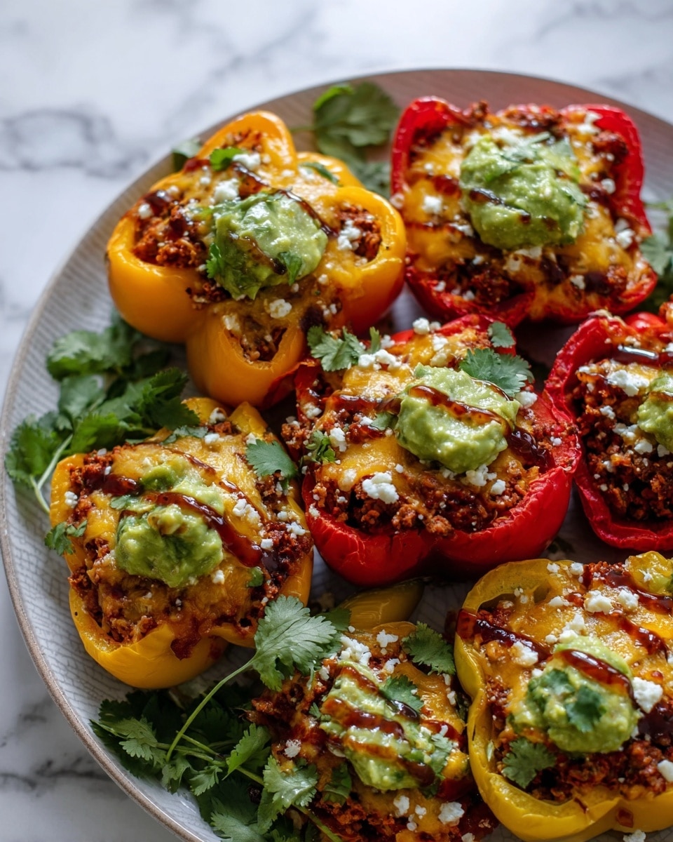 The image shows a white plate with a soft pattern holding seven stuffed bell pepper halves, three yellow and four red. Each pepper is filled with cooked ground meat mixed with melted cheese on top, dark brown with a slightly crispy texture and some green herbs sprinkled over. The peppers have a shiny, cooked surface with visible seeds removed and are arranged in a circular pattern on a white marbled surface. On the left side of the plate, there is a small white bowl with green guacamole, partly shown. The dish looks warm and fresh with a rustic appeal. Photo taken with an iphone --ar 4:5 --v 7