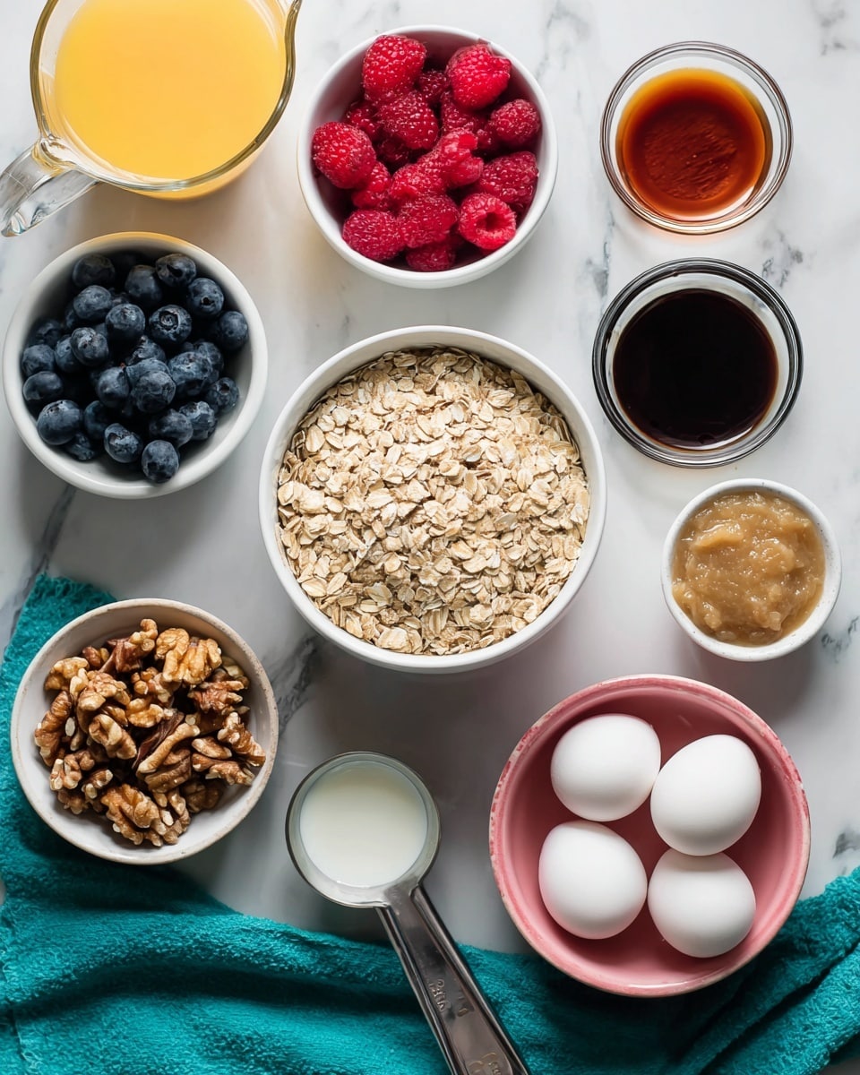 Several ingredients are arranged on a white marbled surface: a white bowl filled with light brown rolled oats at the center, a white bowl with red raspberries and dark blue blueberries to the top left, a small glass bowl with brown powder above the oats, a small white bowl with dark liquid to the right of the oats, a small glass bowl with a dark amber liquid above that, a metal measuring spoon with light beige applesauce to the right, two white eggs below the spoon, a pink bowl filled with brown walnuts near the bottom, a clear measuring cup with orange juice to the left, and another clear measuring cup with white milk near the bottom left; a teal cloth is partly visible near the eggs. Photo taken with an iphone --ar 4:5 --v 7