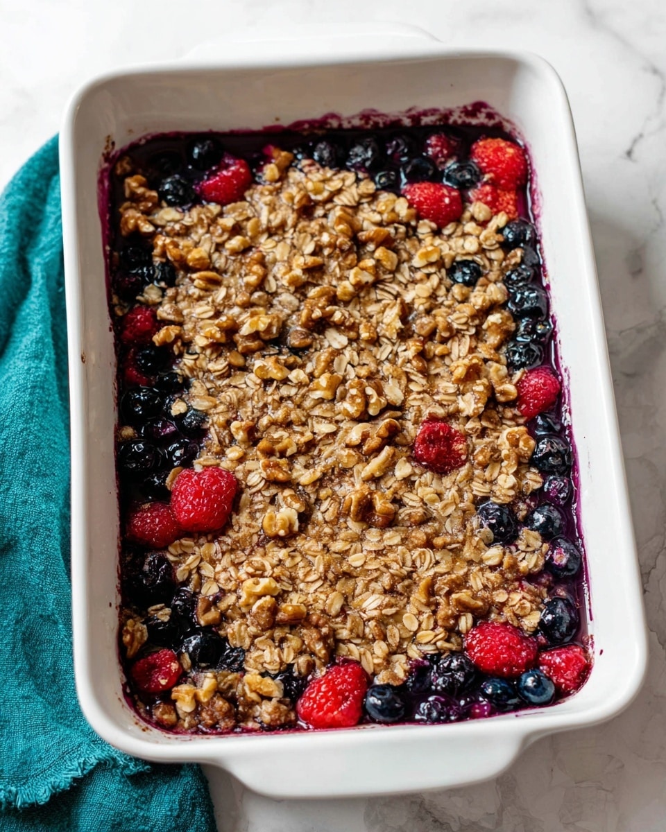 A white rectangular baking dish filled with a two-layer dessert. The bottom layer is made of mixed blueberries and raspberries with some juice slightly bubbling around the edges. The top layer is a thick, uneven mixture of golden-brown oats and chopped walnuts, covering the berries while letting some fruit poke through. The edges have a slightly darker golden color from baking. The dish is placed on a white marbled surface with a teal cloth napkin partly visible on the left side. photo taken with an iphone --ar 4:5 --v 7