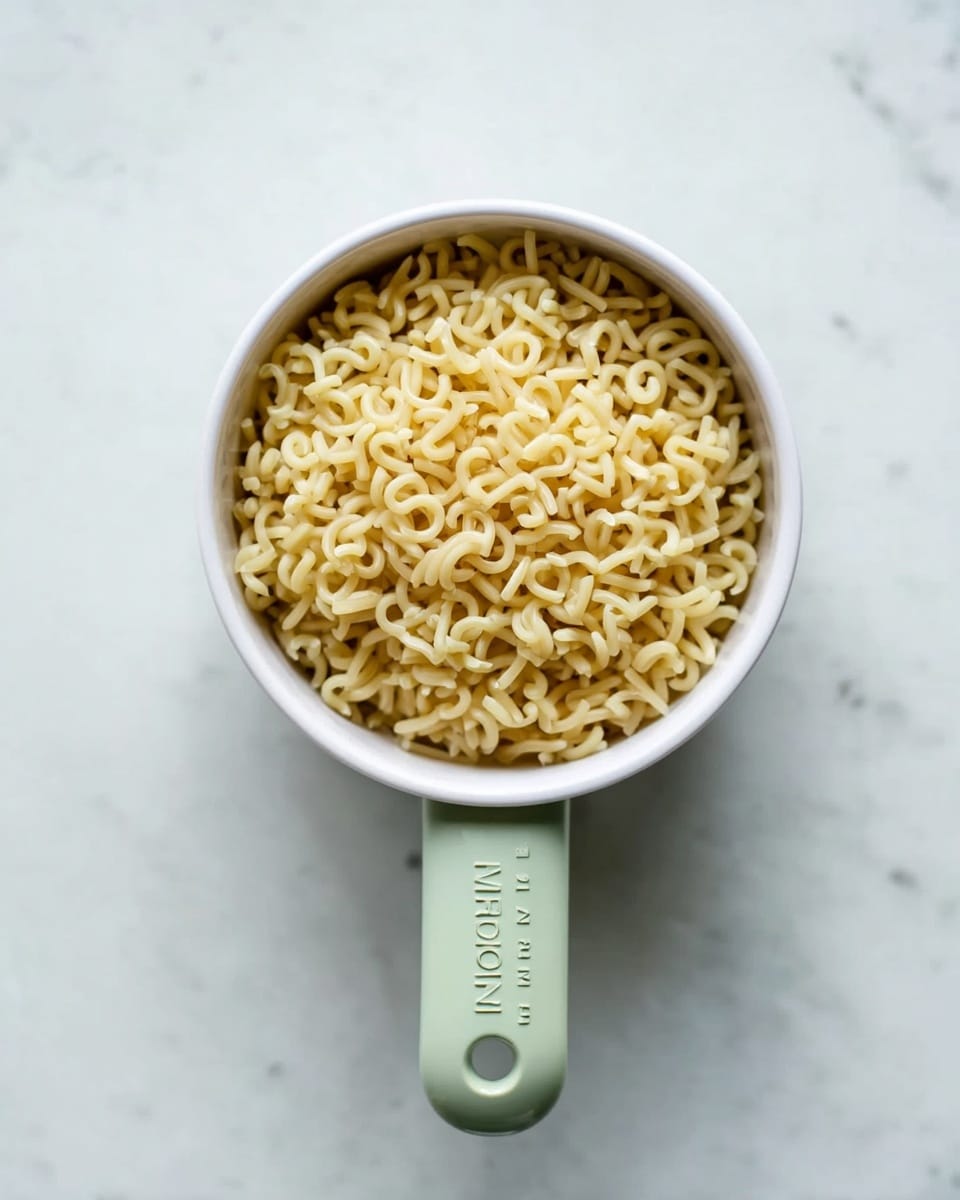 A white measuring cup filled with dry alphabet pasta, the pasta is pale yellow and small with a smooth texture, the cup handle is light green with a soft grip material, all placed on a white marbled surface. photo taken with an iphone --ar 4:5 --v 7