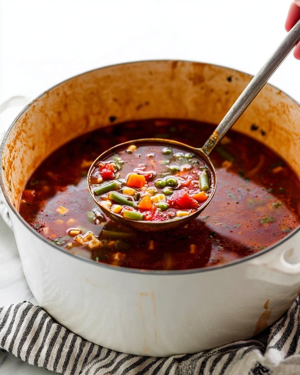 A deep white pot filled with a dark reddish-brown soup on a white marbled surface with a striped cloth underneath. The soup has visible pieces of green beans, corn, carrots, diced tomatoes, peas, and small pasta, creating a colorful mix floating in the broth. A metal ladle with a long handle dips into the soup, lifting a spoonful showing the ingredients clearly. A woman's hand holds the ladle's handle, partially visible in the upper right corner. The pot has a white inside with some broth stains along the edge. photo taken with an iphone --ar 4:5 --v 7