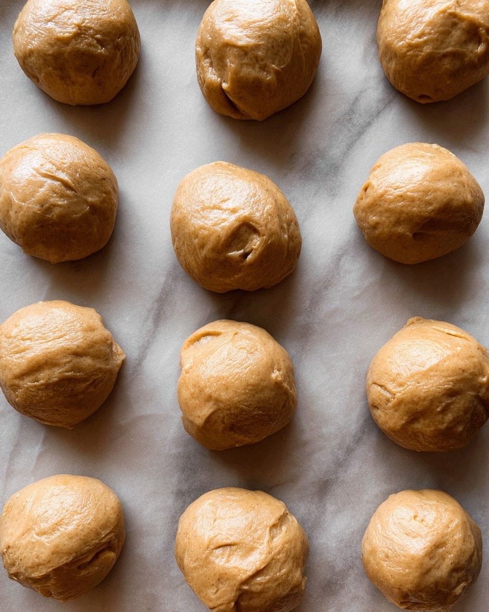The image shows a close-up of 15 round dough balls arranged in a grid pattern on a baking sheet lined with parchment paper. Each dough ball is light brown with a smooth but slightly uneven surface, showing some small folds and dimples. The dough looks soft and has a slight shine on top from the light source. The baking sheet is placed on a white marbled texture background. Photo taken with an iphone --ar 4:5 --v 7