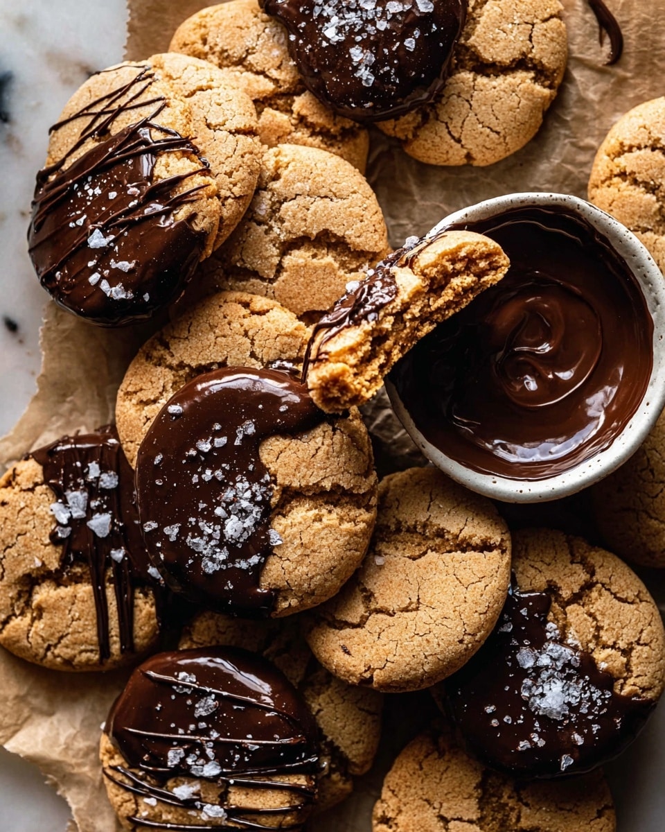 A close-up view of round, soft cookies with a crackled light brown surface, each dipped halfway in smooth, dark melted chocolate. The chocolate layer shines and is sprinkled with coarse sea salt flakes. Some cookies are whole, while others are broken to show their moist inner texture under the chocolate. The cookies are arranged on a piece of light brown parchment paper, placed on a white marbled surface. Photo taken with an iphone --ar 4:5 --v 7