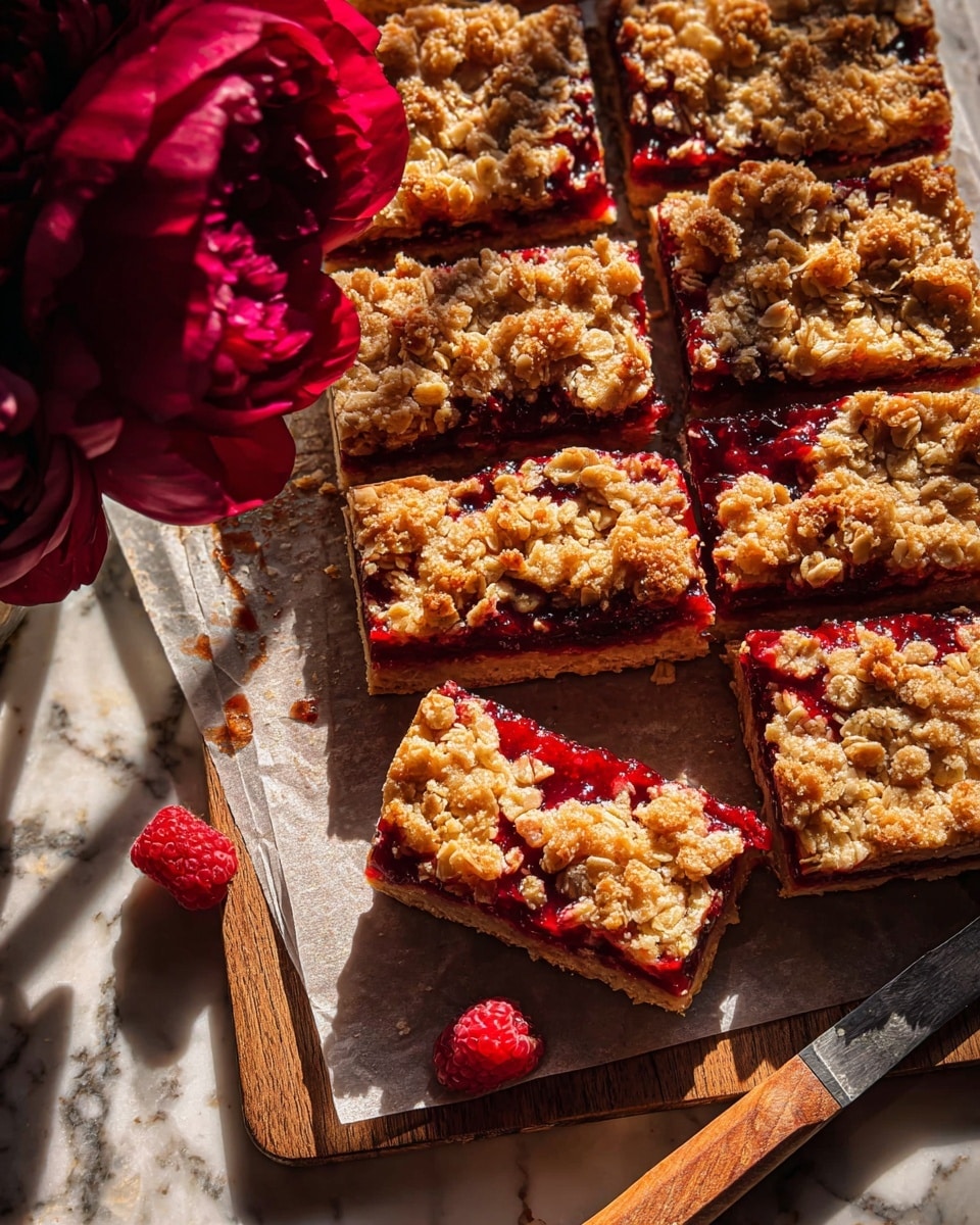 The image shows nine square fruit crumble bars arranged closely on parchment paper over a white marbled surface. Each bar has three layers: a golden crumbly base, a dark red glossy fruit jam middle with small fruit pieces, and a golden crumb topping with rough texture. On the left side of the bars, three bright red flowers add a fresh and colorful touch. Below the bars, there is a knife with a wooden handle resting on the white marbled surface. The light shines warmly, casting soft shadows and making the colors vivid and appealing. Photo taken with an iphone --ar 4:5 --v 7