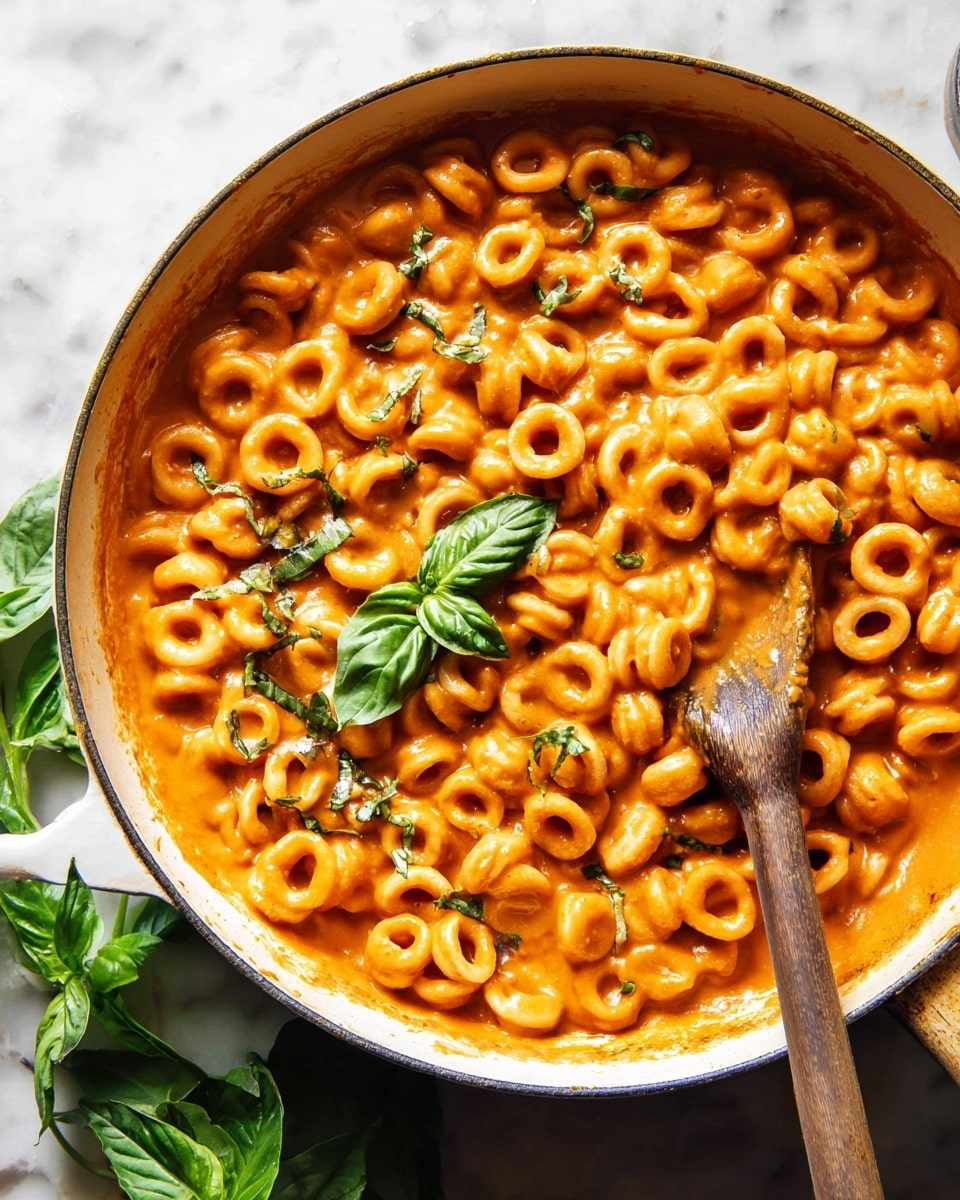 A white pan filled with small ring pasta cooked in a thick, creamy orange tomato sauce. The pasta is evenly coated with the sauce, and there are fresh green basil leaves scattered on top, with a bigger basil sprig near the center. A wooden spoon rests inside the pan on the right side. The pan sits on a white marbled surface with some additional basil leaves nearby. photo taken with an iphone --ar 4:5 --v 7