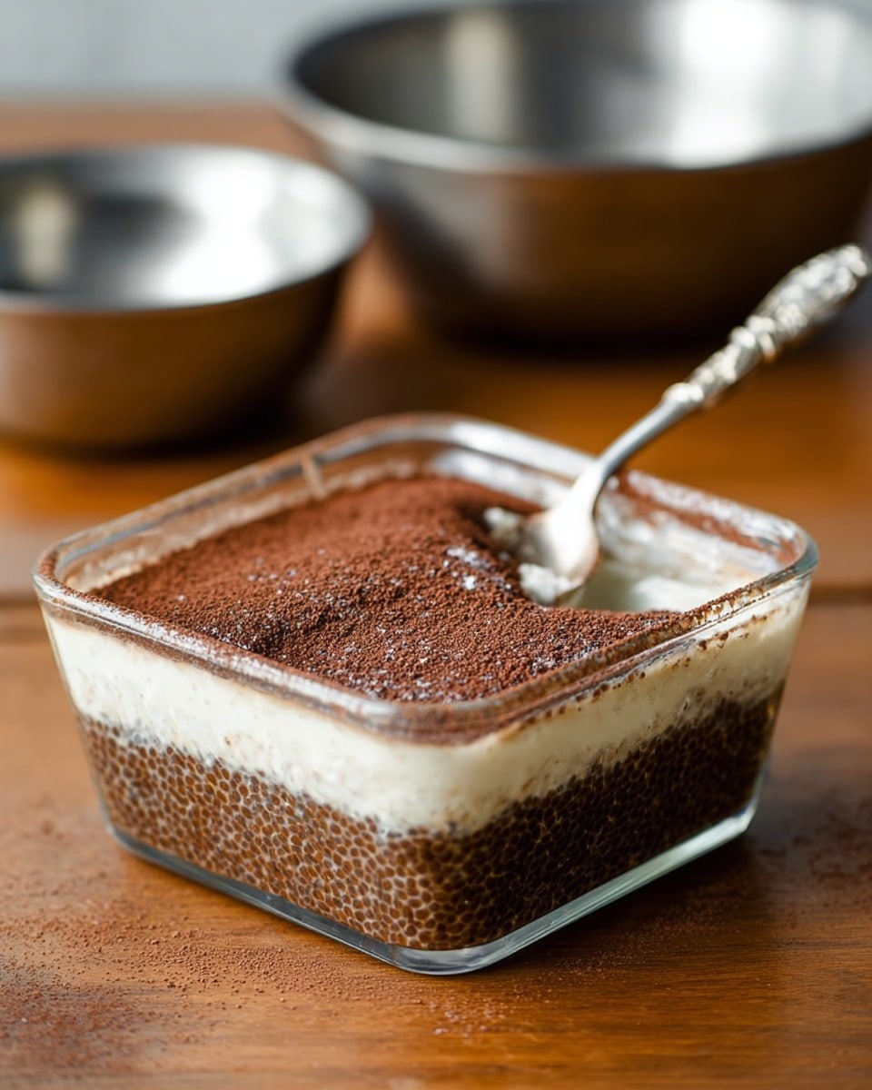 The image shows a square glass dish with three clear layers. The bottom layer is a dark brown, textured pudding-like substance with small round bits. The middle layer is thick, white and creamy, leaning slightly to one side where a spoon is dipped. The top layer is a fine, dark brown powder evenly spread over the dish. The dish is placed on a wooden surface with blurred metallic bowls in the background. A silver spoon rests inside the dish on the right side. photo taken with an iphone --ar 4:5 --v 7