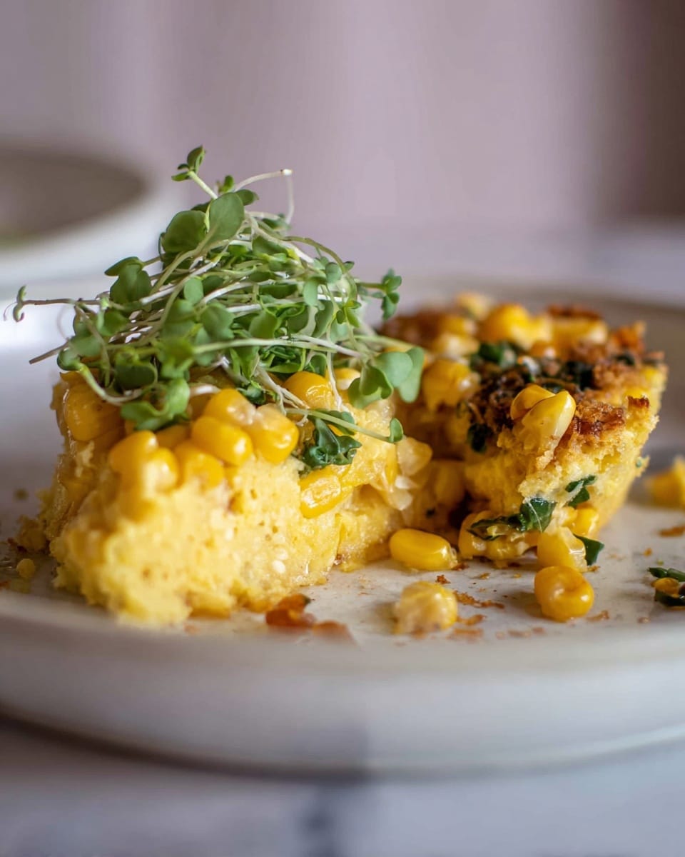 The image shows a close-up of a portion of a dish on a white plate with a white marbled surface in the background. The dish has two main pieces; the larger one is a soft, fluffy yellow layer that looks like a baked or cooked corn-based dish with visible corn kernels inside. It is topped with a small pile of fresh green microgreens and some whole corn kernels, adding a fresh texture and color contrast. The smaller piece to the side has a browned, crispy edge with corn and small bits of green herbs or vegetables mixed in, giving a textured, rustic look. There are some loose corn kernels scattered around the plate. The photo is taken with soft, natural light focusing on the front of the dish while the background is blurred. photo taken with an iphone --ar 4:5 --v 7