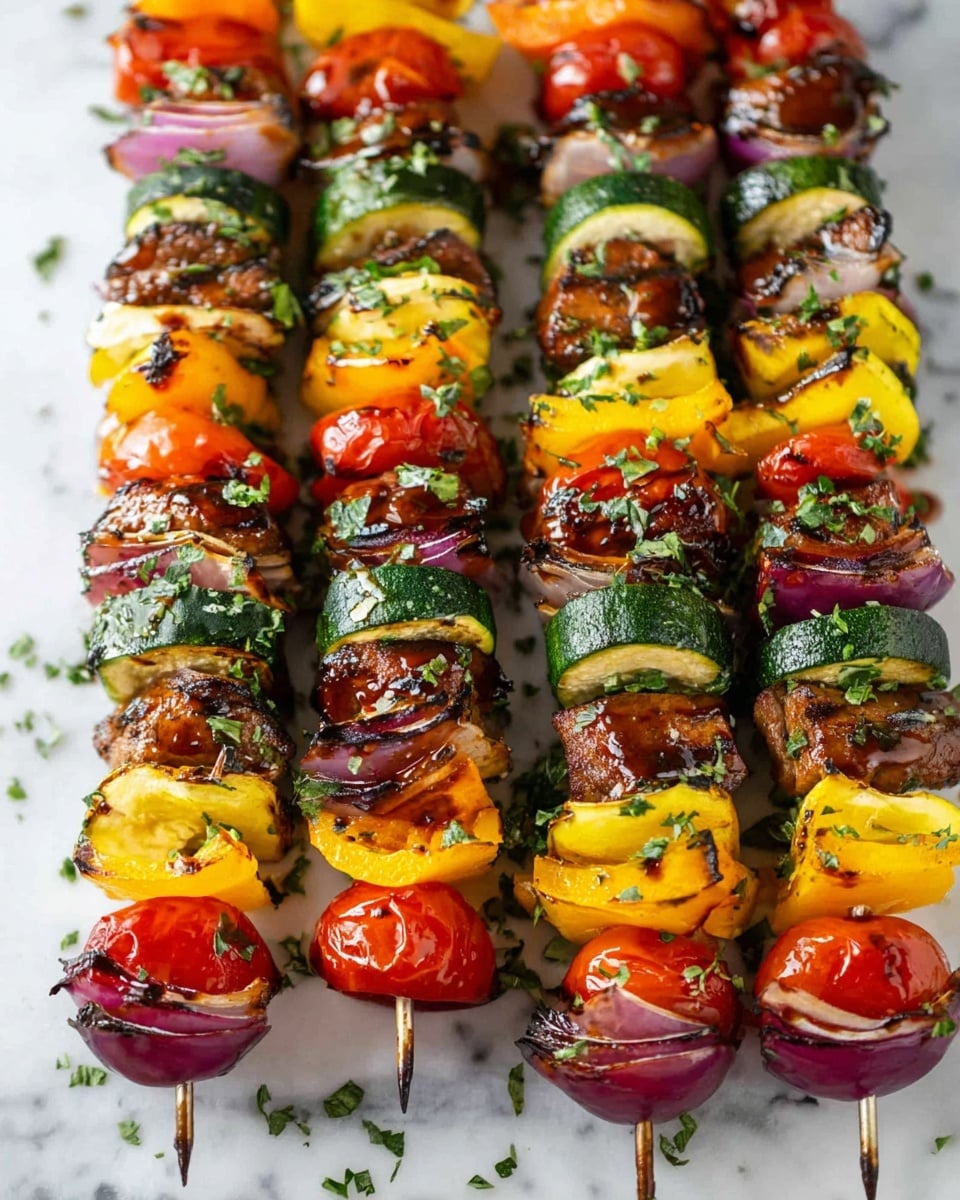 The image shows four skewers of grilled kebabs laid out side by side on a white marbled surface. Each skewer has multiple layers of colorful, grilled ingredients including bright yellow squash, dark green zucchini slices with grill marks, juicy red cherry tomatoes, deep purple-red onion pieces, and browned chunks of meat with a shiny glaze. The vegetables have a slightly charred texture, and fresh chopped green herbs are sprinkled over the skewers and the surface around them. The layers alternate evenly between vegetables and meat, creating a vibrant, appetizing look, with the skewers pointing forward. Photo taken with an iphone --ar 4:5 --v 7