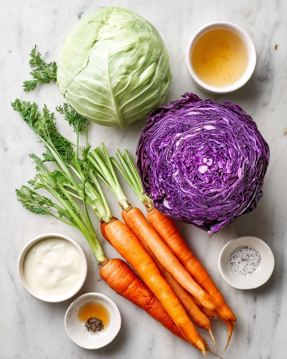 The image shows fresh vegetables and small bowls of ingredients arranged on a white marbled surface. It includes one large light green cabbage and one large purple cabbage, both whole. In front of the cabbages are three long orange carrots with green tops. Surrounding the vegetables are four small white bowls: one with a creamy white sauce, one with a light golden liquid, one with a light brown liquid, and one with black pepper. A small round bowl with coarse salt and black pepper sits near the top. The setup is simple and clean. Photo taken with an iphone --ar 4:5 --v 7