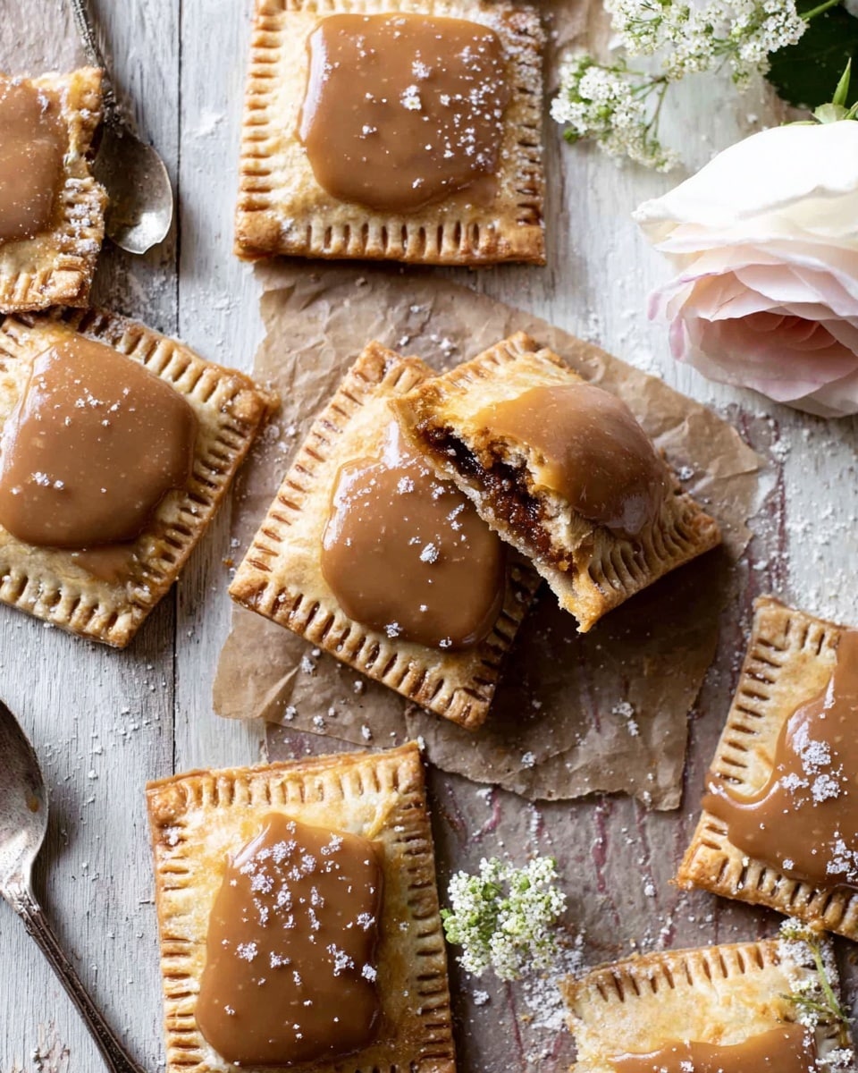 The image shows several small, square pastries with golden-brown crusts and smooth caramel-colored icing on top. Each pastry has a sealed, crimped edge with a textured fork pattern, and one pastry in the center is broken open to reveal a dark, dense filling inside. The pastries are arranged on a piece of parchment paper on a rustic wooden table with light dusting of sugar or flour. To the top right, there is a pale pink rose resting on an old silver spoon, and near the bottom left, a small sprig of white flowers decorates one pastry. The background is a white marbled texture. Photo taken with an iphone --ar 4:5 --v 7