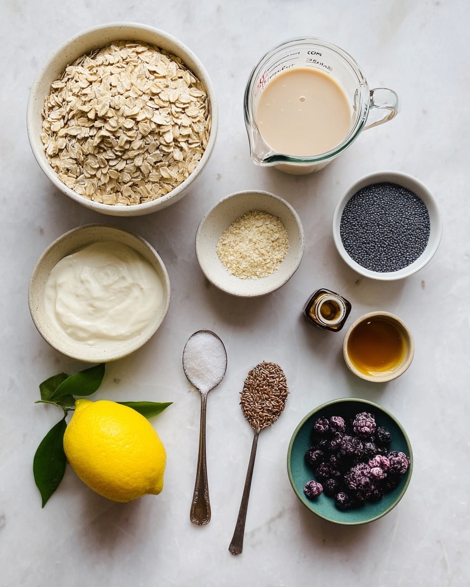 The image shows several ingredients arranged neatly on a white marbled surface: a large white bowl filled with light beige rolled oats, a glass jar with a white creamy substance, a clear measuring jug with a beige liquid, a small white bowl with a white creamy ingredient, a tiny glass bowl containing dark blue poppy seeds, a spoon holding brown flax seeds, another spoon with white powder, a small white bowl filled with white salt, a small green bowl with brown honey, a clear glass bowl filled with dark purple frozen berries, a bright yellow lemon with green leaves, and a small brown bottle with a dark liquid. The woman’s hand is not visible but the focus is on these food items. Photo taken with an iphone --ar 4:5 --v 7