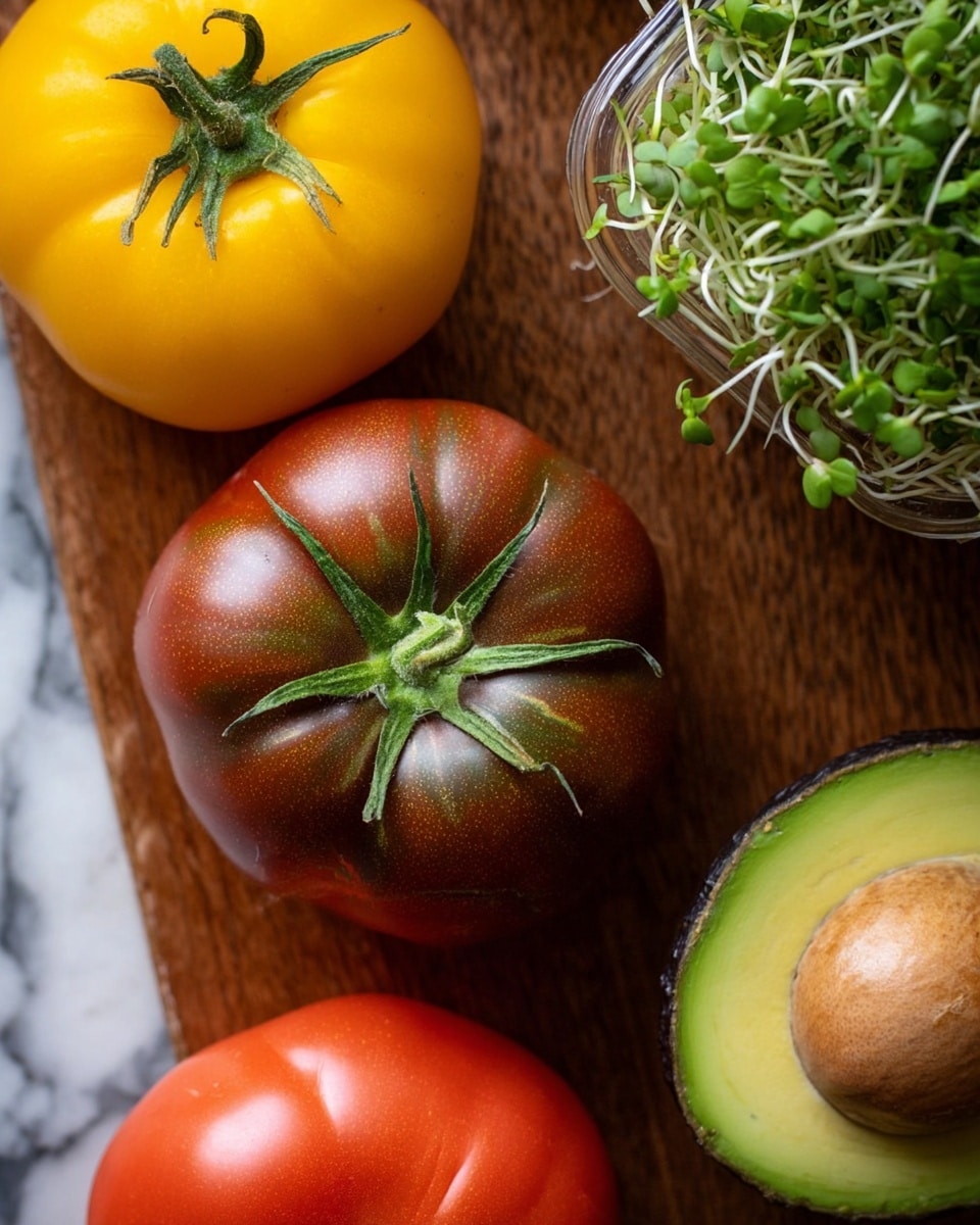 The image shows a close-up of fresh vegetables and fruit on a wooden surface. There are three tomatoes: one bright yellow tomato on the top left, one red tomato with a green stem on the bottom left, and one dark red with green shades tomato in the center with a spiky green stem. On the right side, half of an avocado is shown with its smooth green outer skin and lighter green inside with the brown pit in the center. Next to the avocado, there is a clear container filled with green leafy sprouts. The background is a white marbled texture photo taken with an iphone --ar 4:5 --v 7