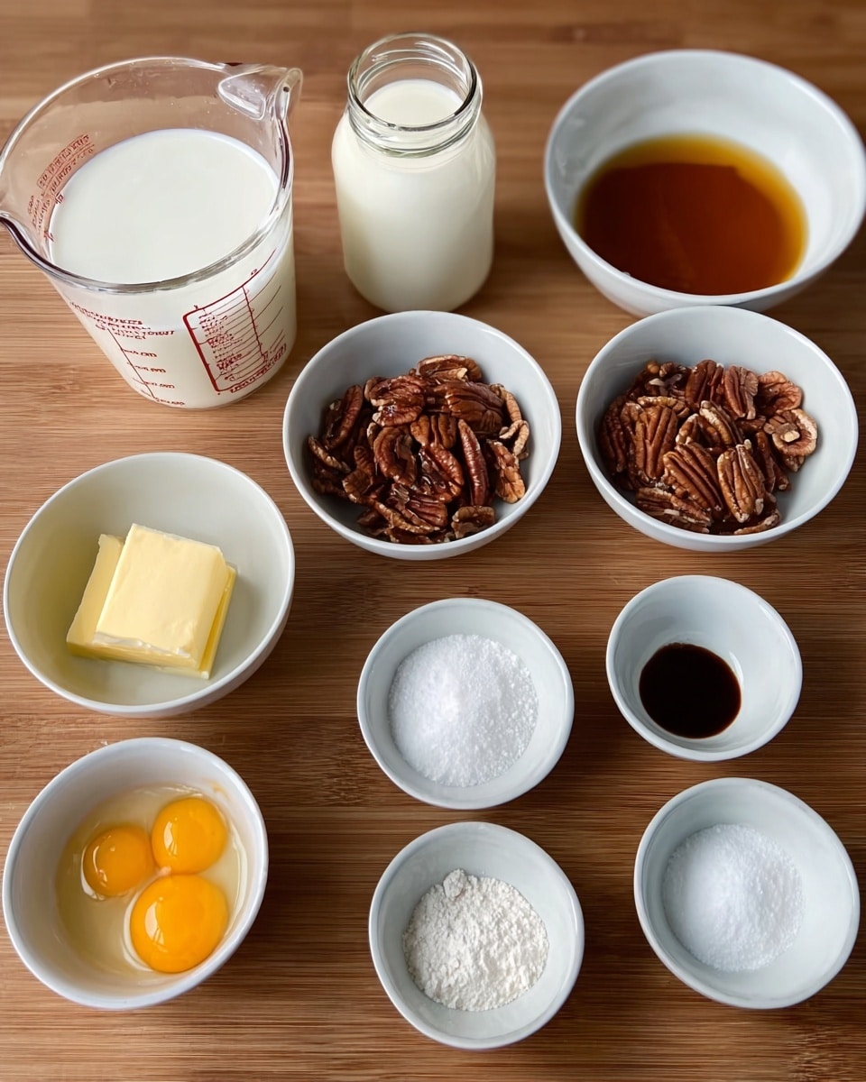 The image shows a wooden surface with several small white bowls and containers arranged neatly in rows. There is a large clear measuring cup filled with white milk on the left side. Next to it is a small jar with thick white cream. Beside that is a white bowl filled with amber-colored syrup. Another white bowl contains a pile of brown pecan nuts. Below these, on the wooden surface, there is a small white bowl with a yellow square of butter, a small white bowl with two yellow egg yolks, and a small white bowl with dark brown vanilla extract. Additionally, there are small white bowls with white powdered sugar, salt, and cinnamon. The background surface has a white marbled texture. photo taken with an iphone --ar 4:5 --v 7