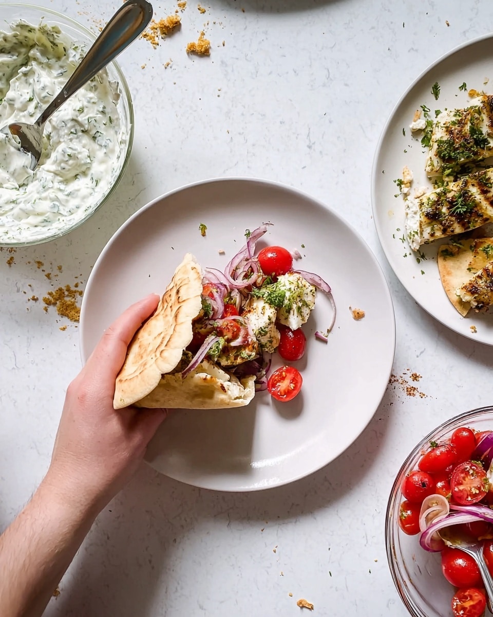 The image shows a white plate in the center with a pita bread folded in half, partially filled with several layers: inside the pita, there are bright red cherry tomatoes, small pieces of grilled white fish with green herbs on top, and slices of reddish-purple onion. A woman's hand is holding the pita close to the plate. To the right, there is another white plate with more pieces of fish topped with green herbs. On the top left, there is a glass bowl filled with white sauce mixed with green herbs and a spoon in it. At the bottom right, there is another glass bowl with a salad made of halved cherry tomatoes, thin slices of red onion, and green herbs, with a large spoon resting inside. The entire scene rests on a white marbled surface, with some scattered bits of herbs and small crumbs. Photo taken with an iphone --ar 4:5 --v 7