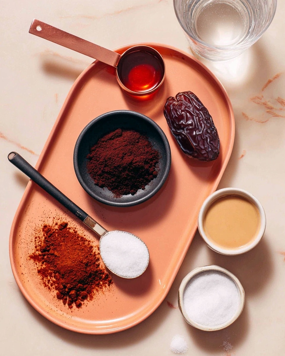 A peach-colored oval plate on a white marbled surface holds a small black bowl with a heap of dark brown powder in the center, beside a whole dark brown date to the right. Above the bowl is a small copper measuring spoon with a wooden handle filled with a dark amber liquid. To the left of the bowl, a long black spoon holds white coarse salt. Below, a white spoon with cinnamon powder rests on the plate’s edge, with additional cinnamon powder sprinkled on the peach plate. Near the bottom right is a small round bowl with light brown creamy liquid, while two small white bowls with white granulated sugar sit just outside the peach plate on the white marbled surface. A glass of clear water is visible in the top right corner. photo taken with an iphone --ar 4:5 --v 7