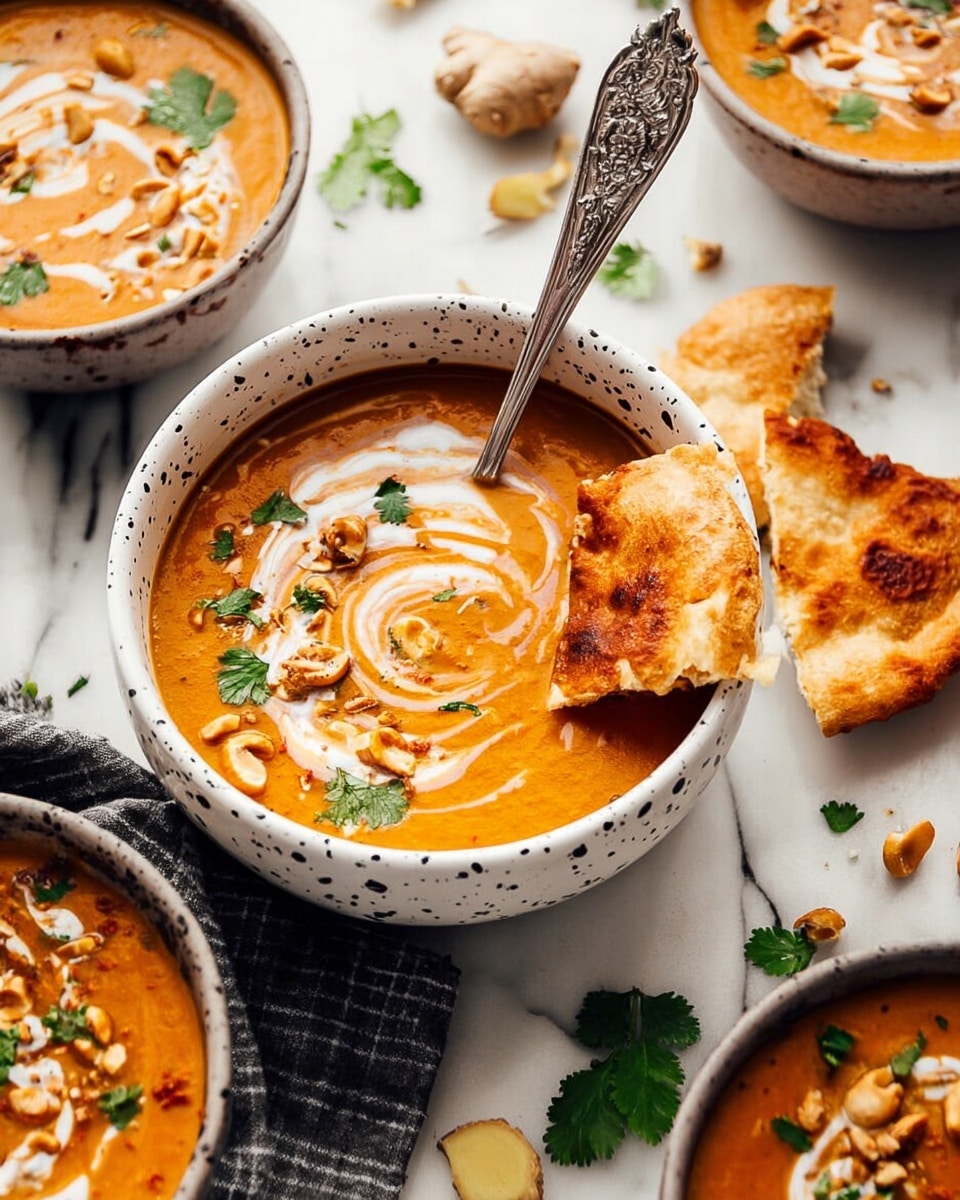 The image shows five bowls of thick orange soup with a white swirl on top, scattered with small green herbs and crushed nuts. Each bowl is white with a black speckled rim and placed on a white marbled surface. There are several pieces of golden brown flatbread, some whole and some broken, resting near or on the edges of the bowls. A woman's hand is holding one broken piece of flatbread near the bottom center while another woman's hand holds a spoon stirring the soup in the bowl on the right. The lighting is bright and natural, highlighting the warm colors and textures of the soup and flatbread. Photo taken with an iphone --ar 4:5 --v 7